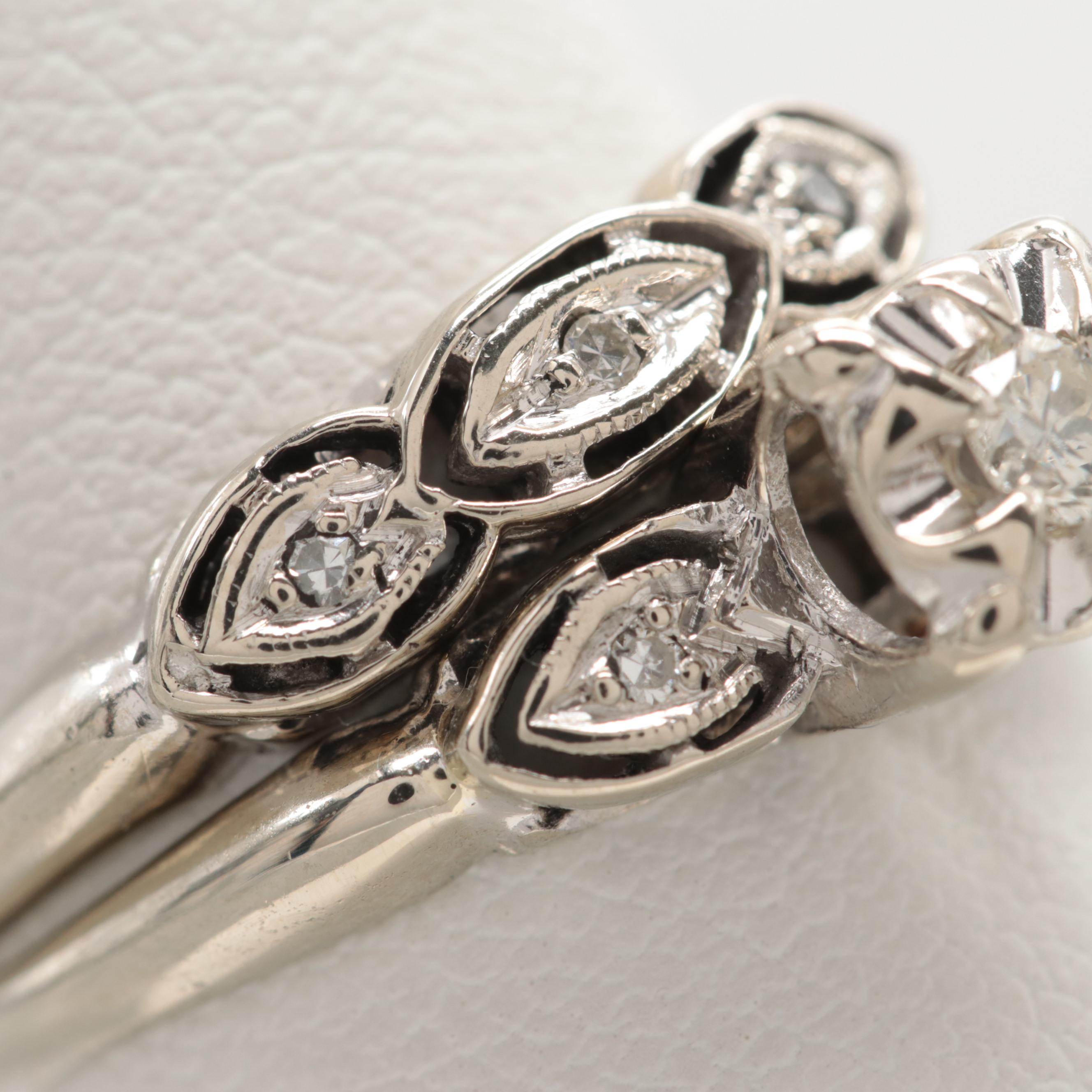 Vintage 14K White Gold Diamond Wedding Set