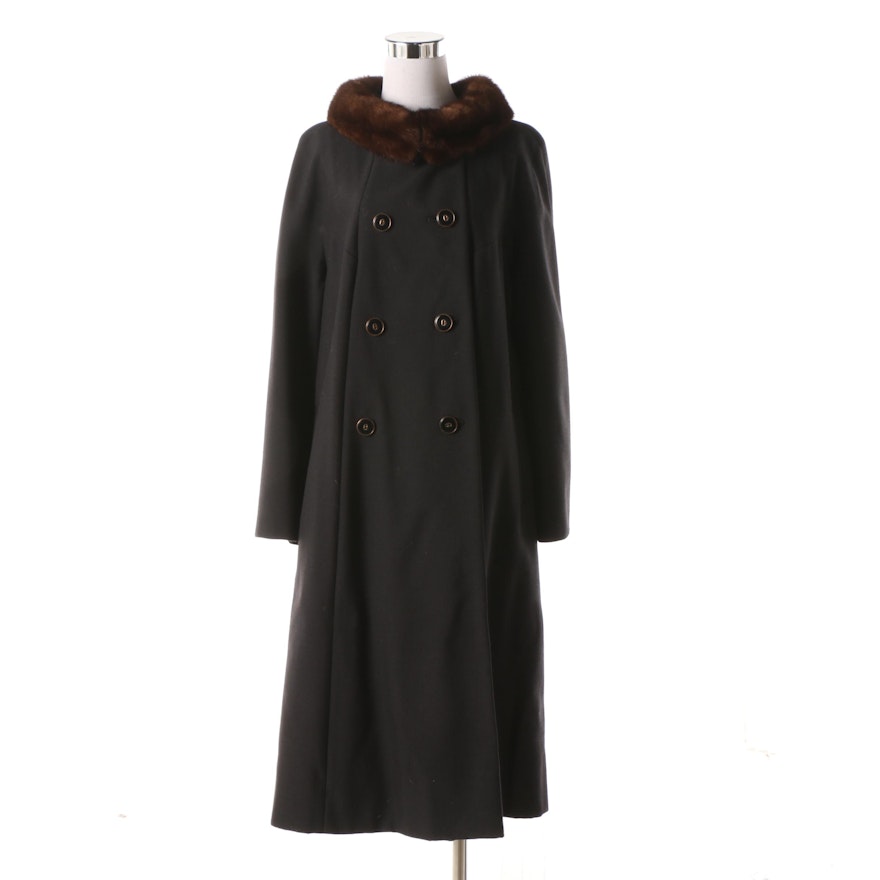 Vintage The Hecht Co. Black Wool Double-Breasted Coat with Mink Fur Collar