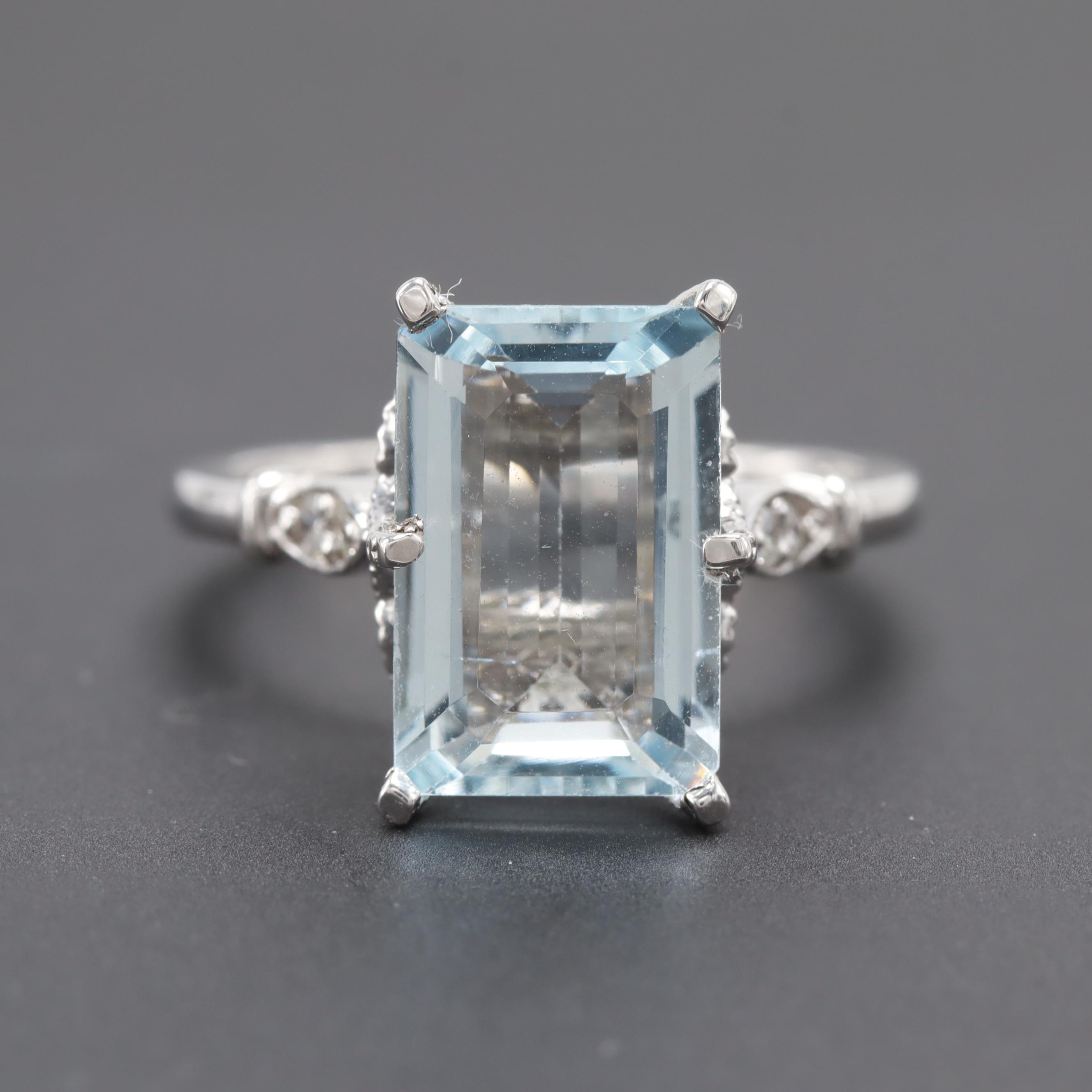 14K White Gold Aquamarine and Diamond Ring