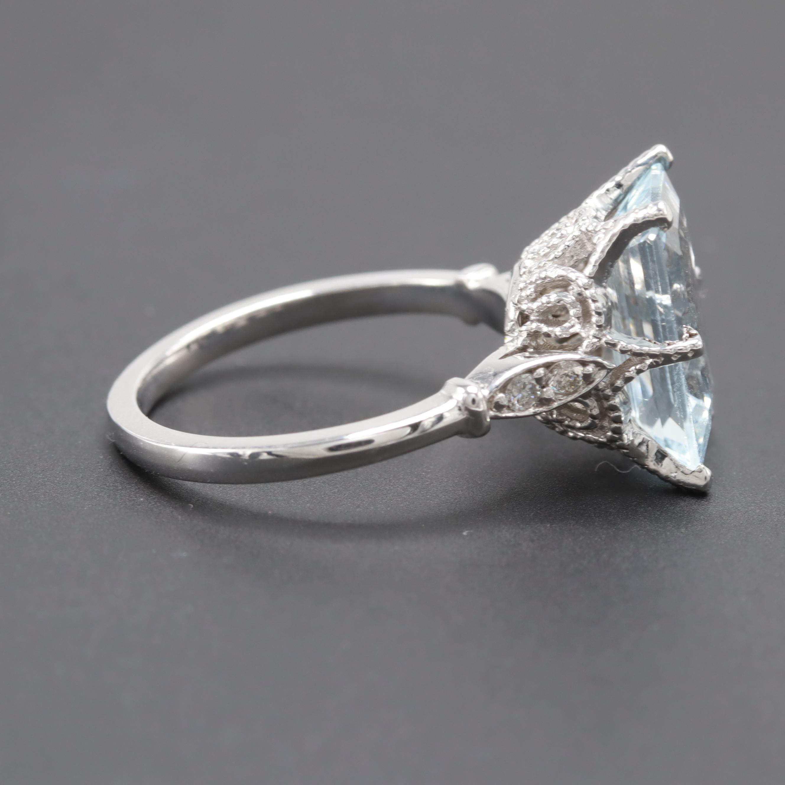 14K White Gold Aquamarine and Diamond Ring