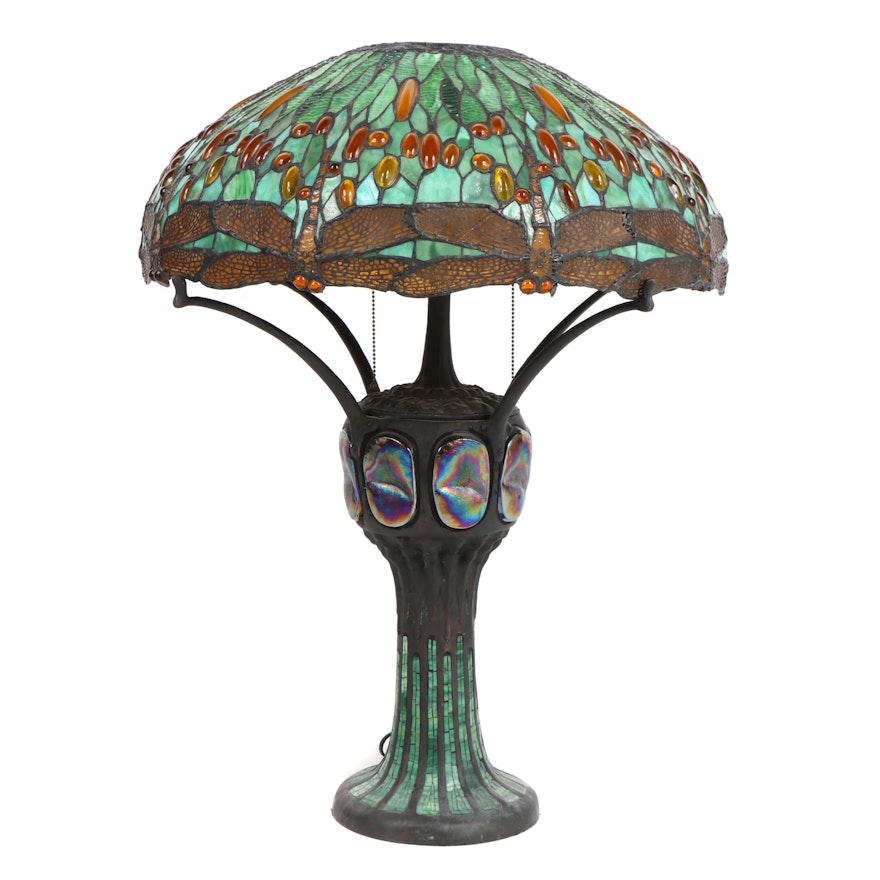 JSW Studios Leaded Glass, Mosaic and Patinated Metal Dragonfly Table Lamp