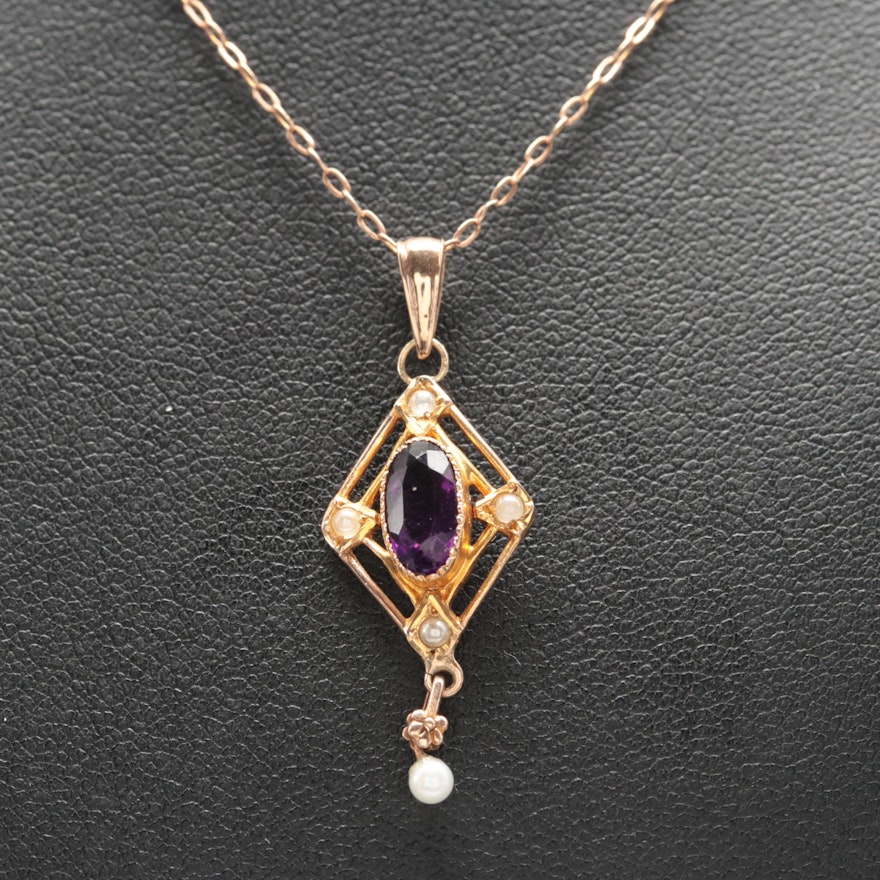 Arts and Crafts 10K Yellow Gold Amethyst and Cultured Pearl Necklace