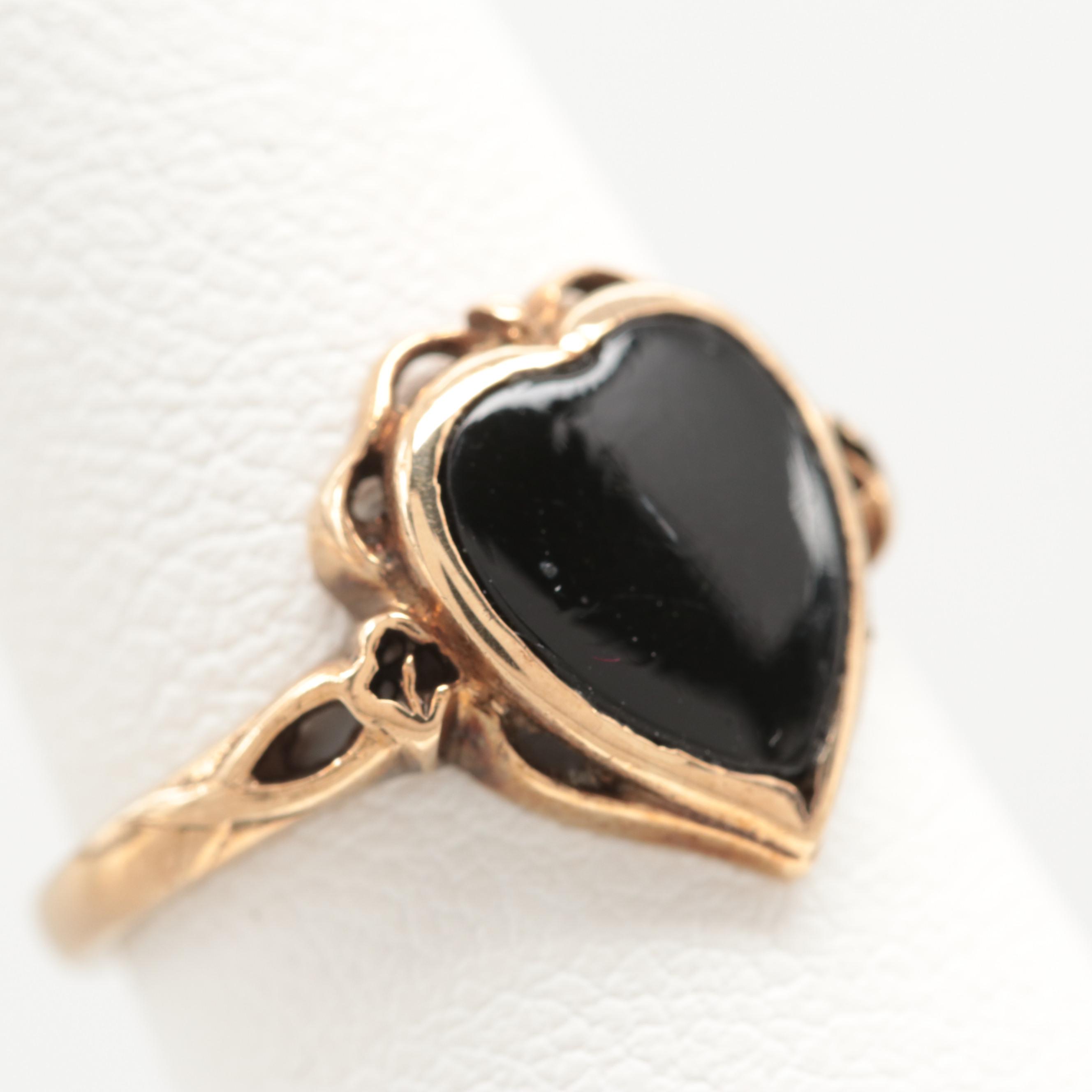 1940s Victorian Revival 10K Yellow Gold Black Onyx Heart Ring