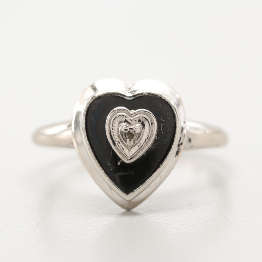 10K White Gold Diamond and Black Onyx Heart Ring with Palladium Accent