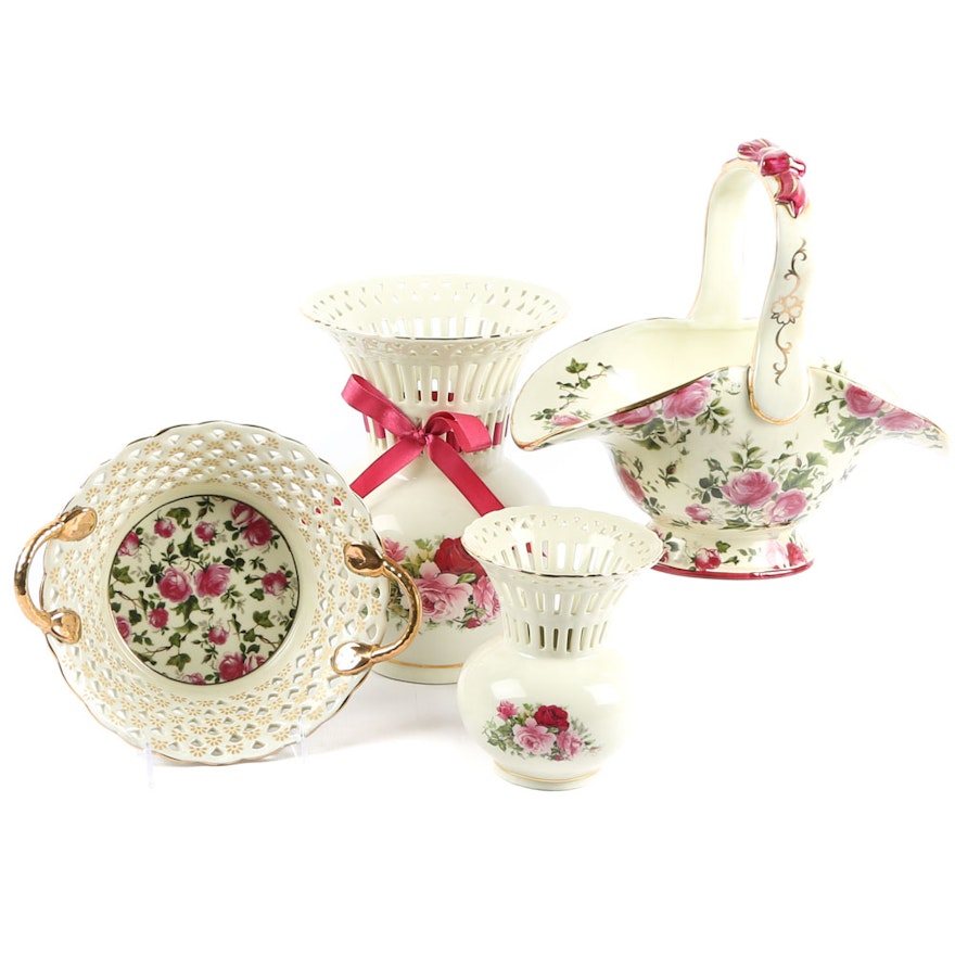 Ceramic Rose Pattern Wedding Basket, Bowl and Vases