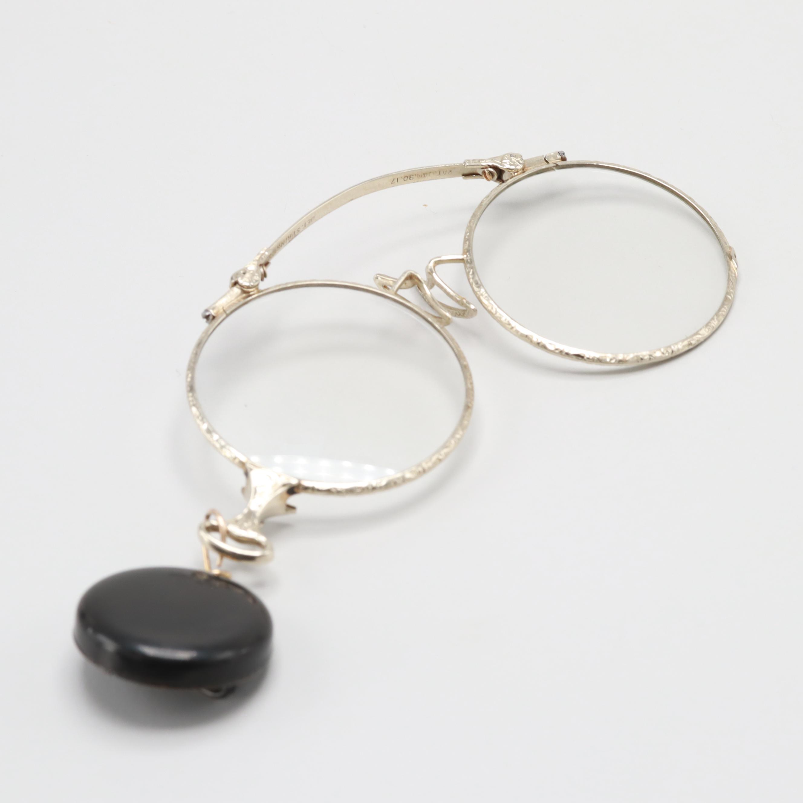 Antique 14K White Gold Enamel Pince Nez with Gold Tone Retractable Chain