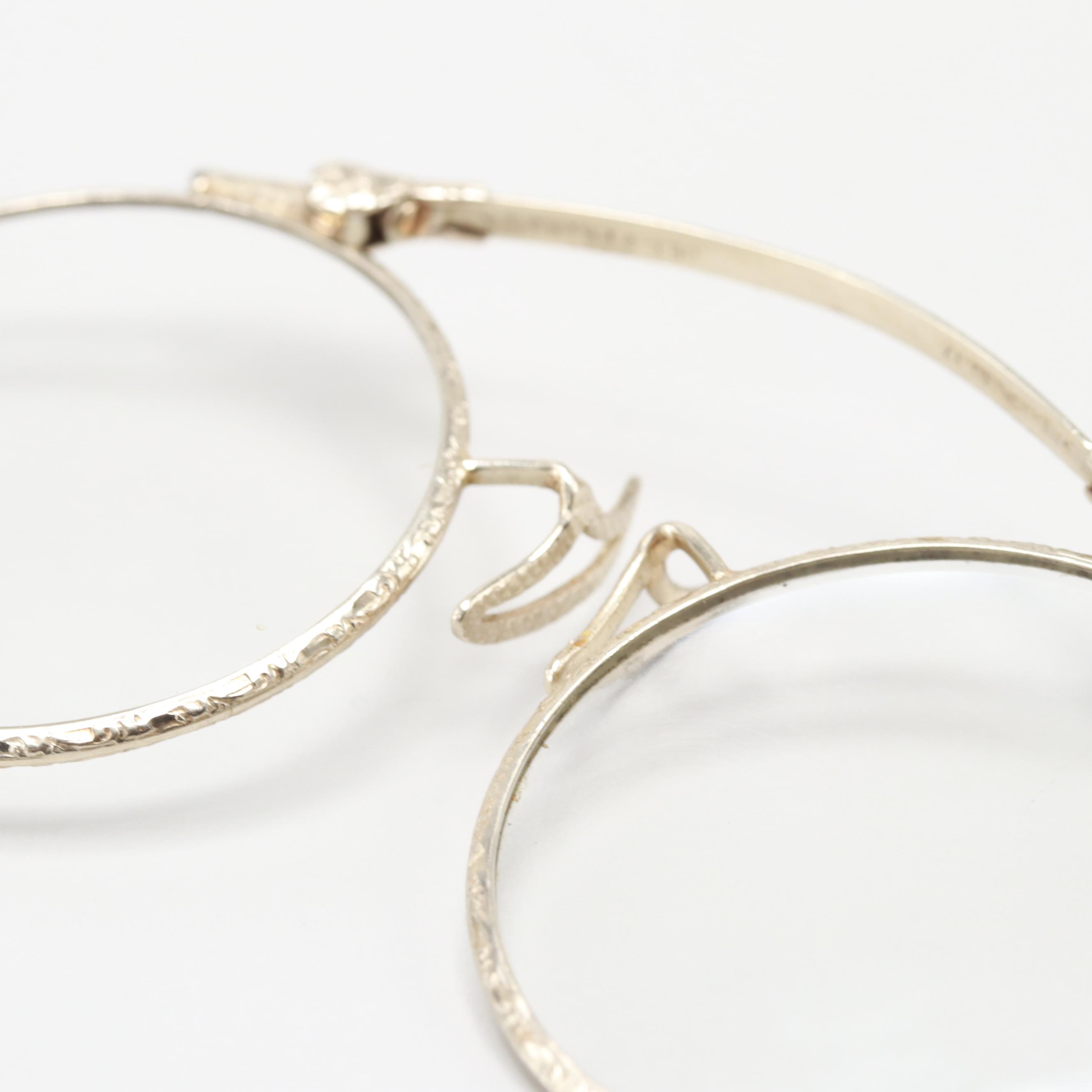 Antique 14K White Gold Enamel Pince Nez with Gold Tone Retractable Chain