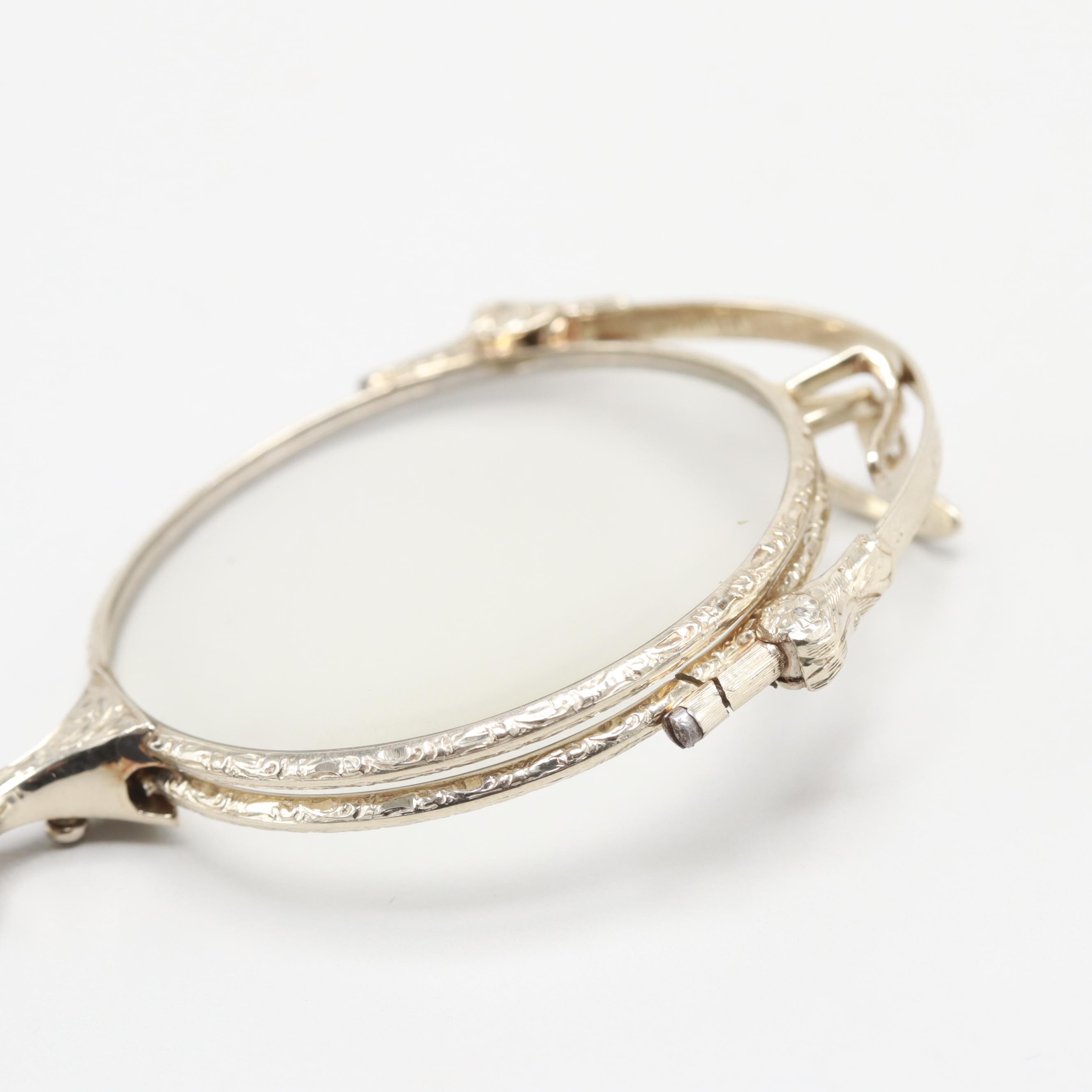 Antique 14K White Gold Enamel Pince Nez with Gold Tone Retractable Chain