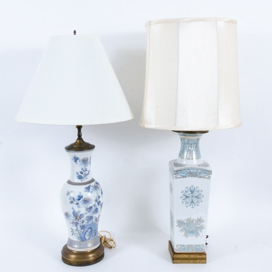 Hand Decorated Blue Floral Motif Table Lamps with Gilt Decoration
