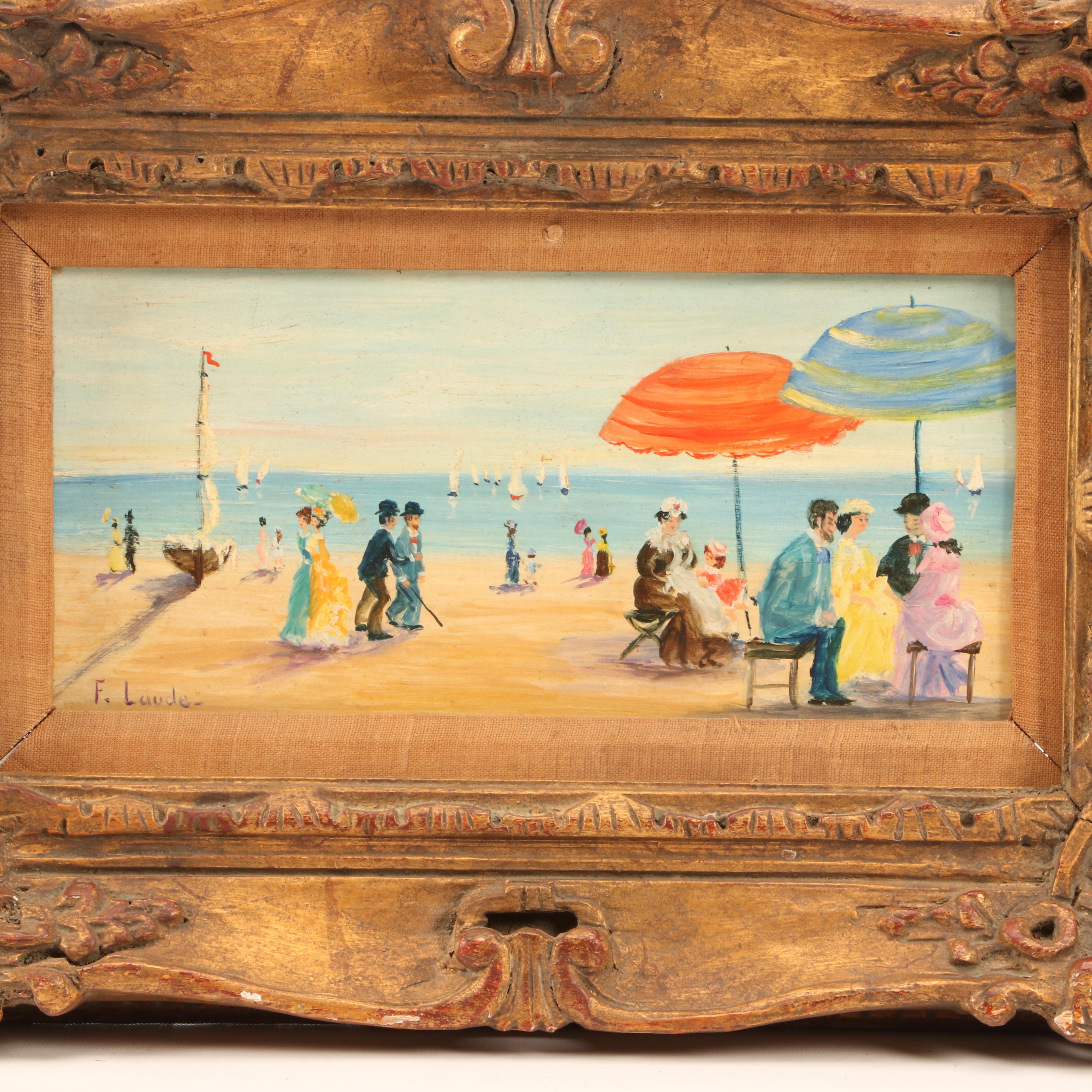 F. Laude Oil Painting of Victorian Beach Scene