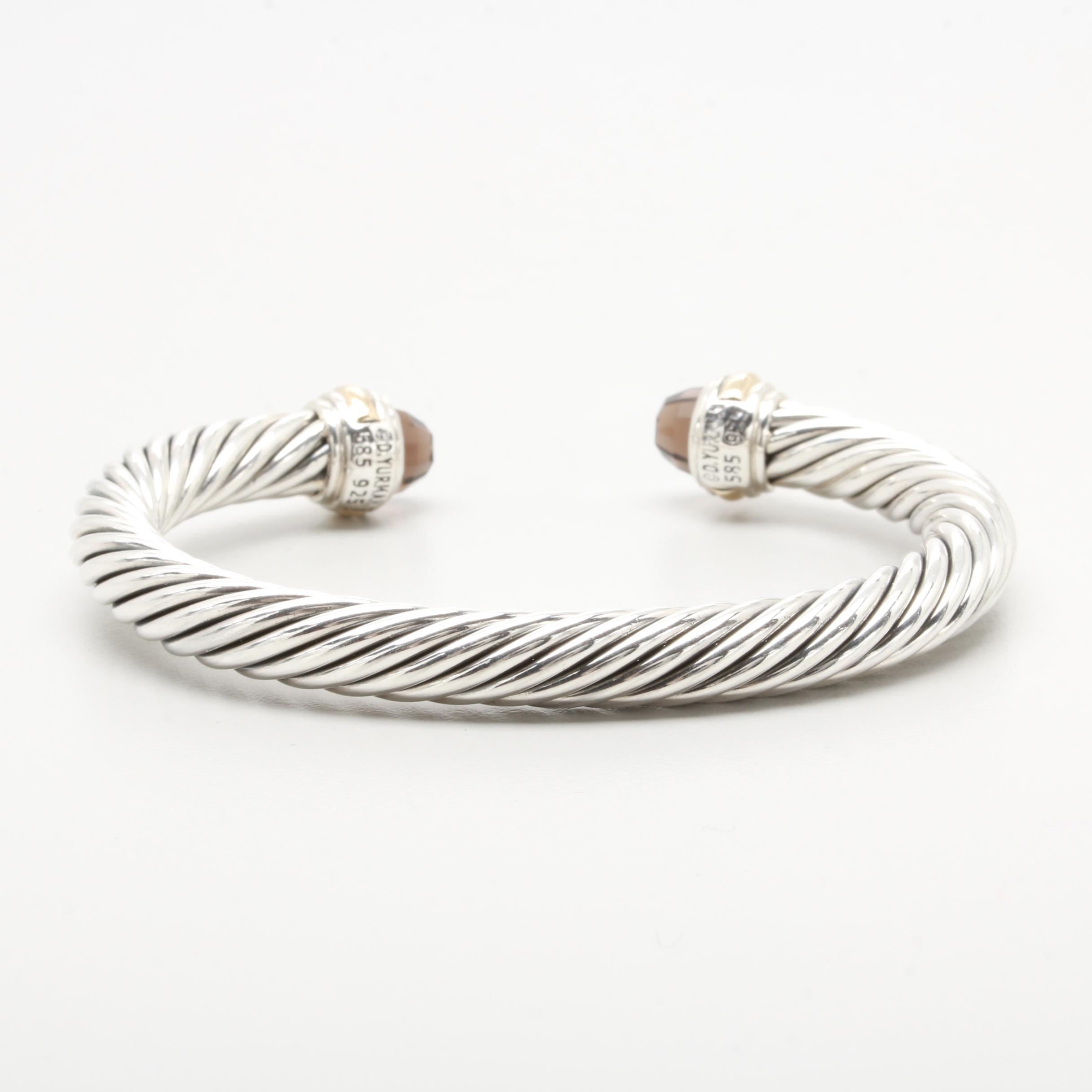 David Yurman Sterling Silver Smoky Quartz Cuff Bracelet with 14K Gold Accents