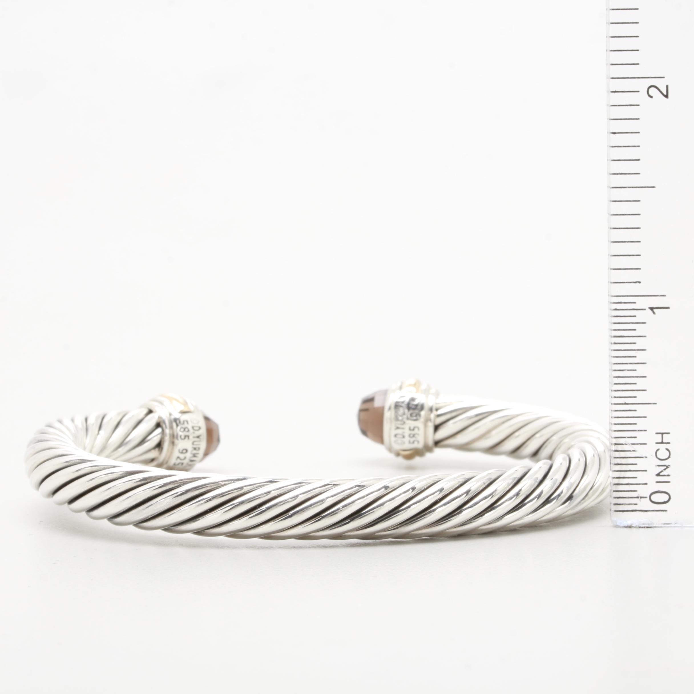 David Yurman Sterling Silver Smoky Quartz Cuff Bracelet with 14K Gold Accents