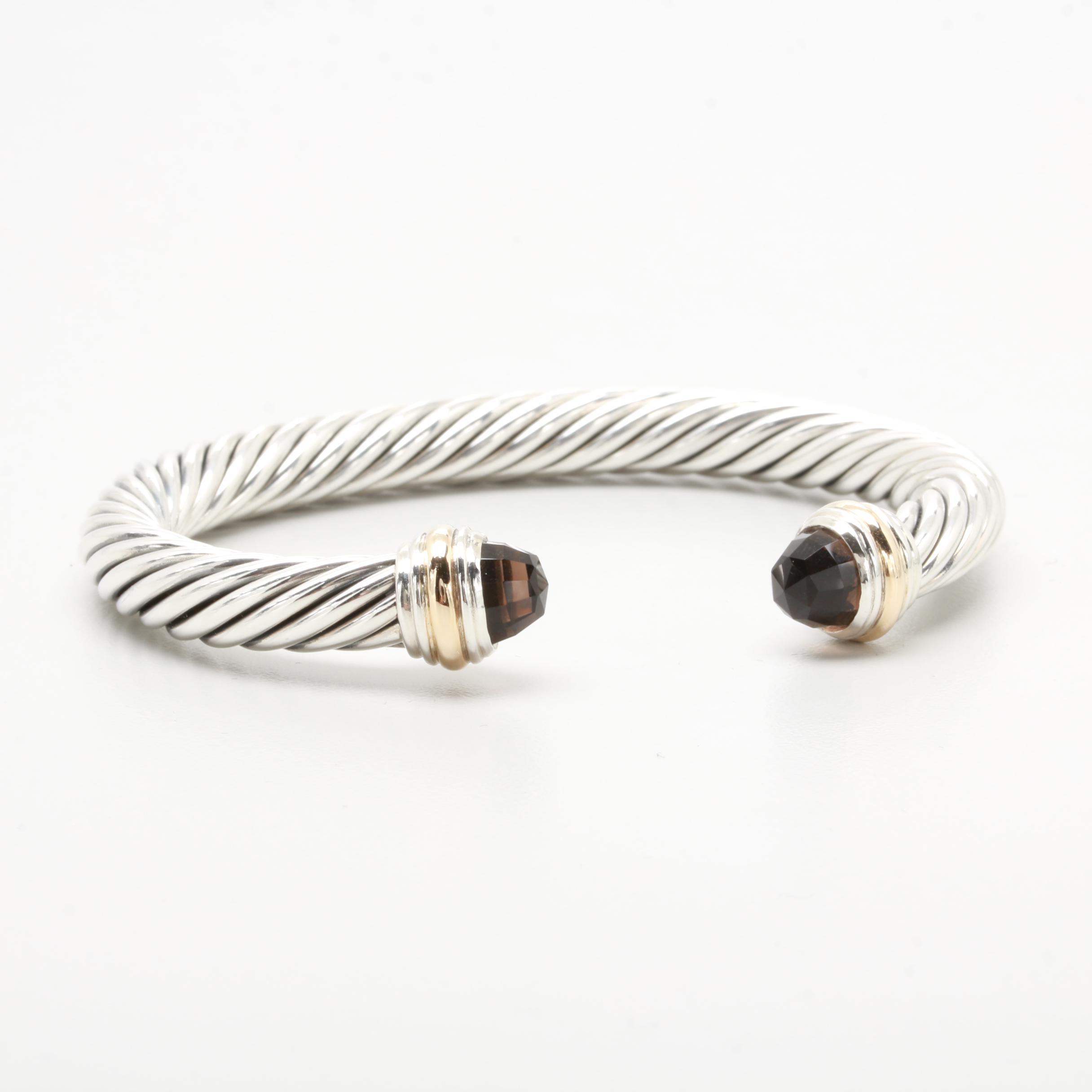 David Yurman Sterling Silver Smoky Quartz Cuff Bracelet with 14K Gold Accents