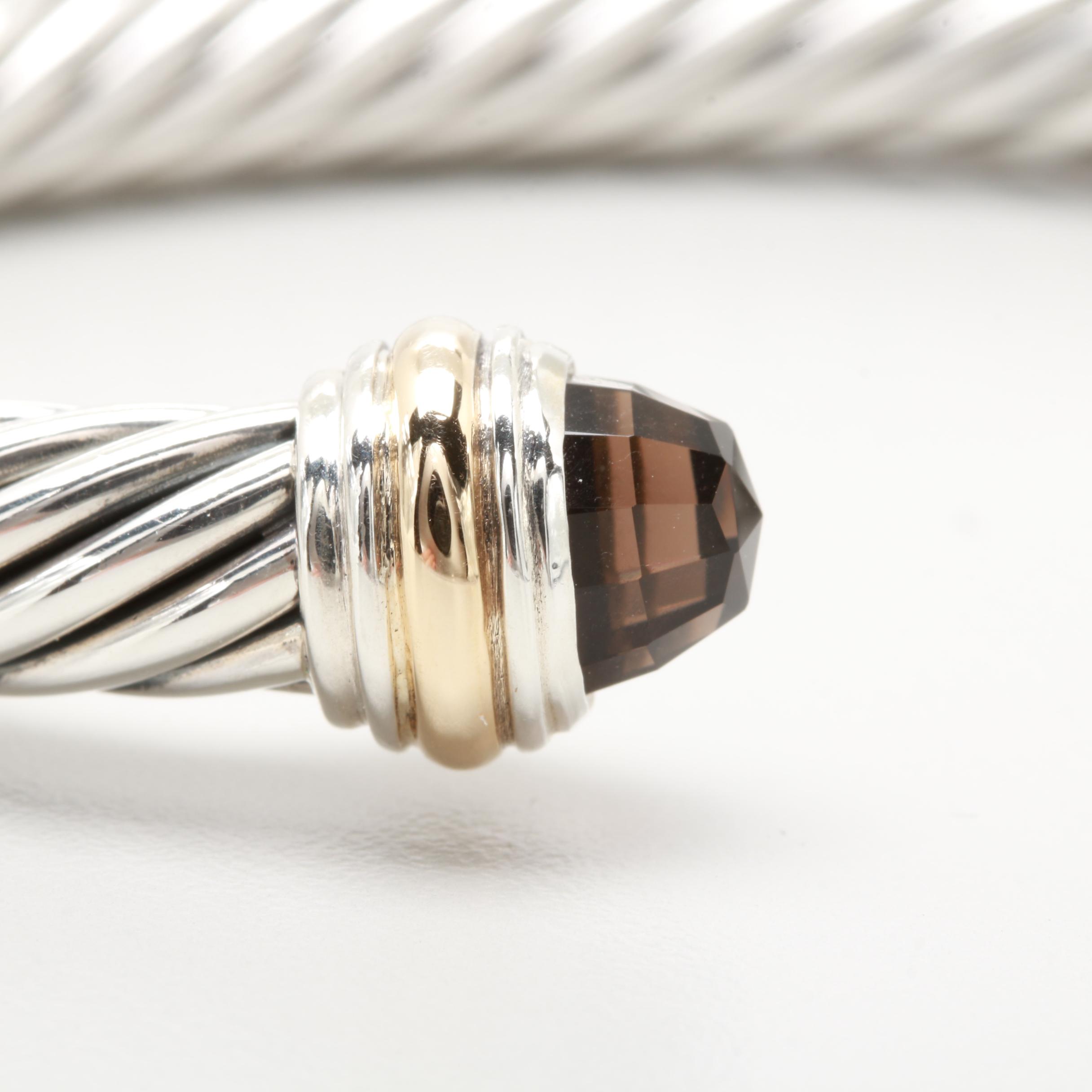 David Yurman Sterling Silver Smoky Quartz Cuff Bracelet with 14K Gold Accents