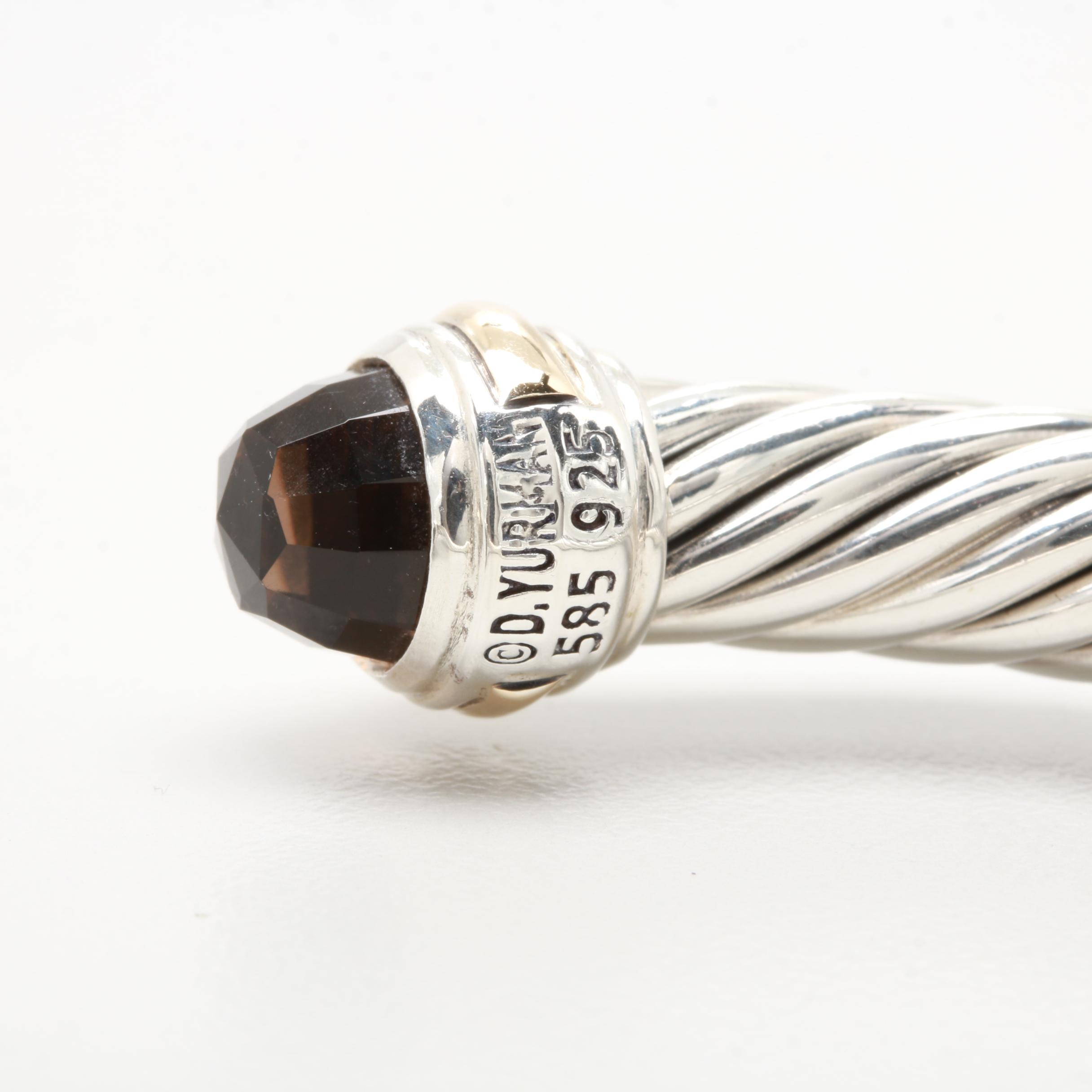David Yurman Sterling Silver Smoky Quartz Cuff Bracelet with 14K Gold Accents