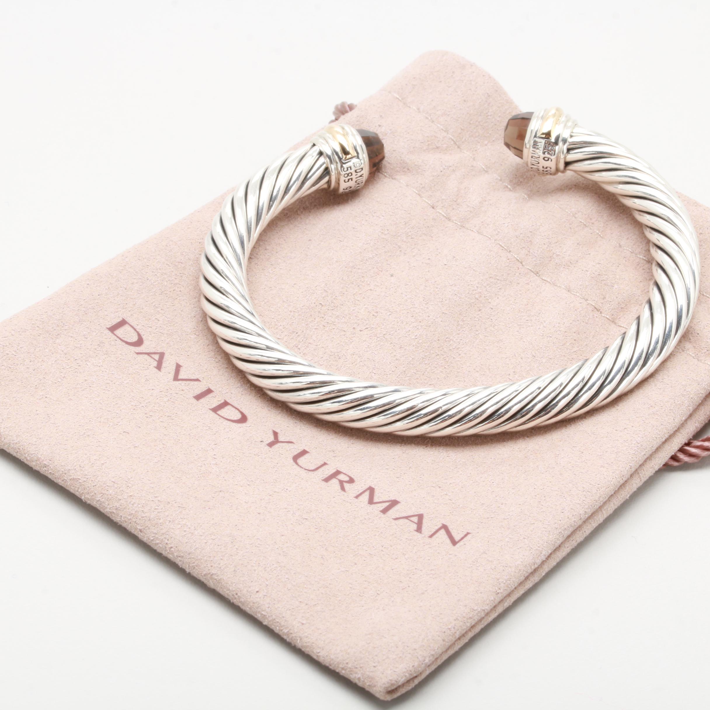 David Yurman Sterling Silver Smoky Quartz Cuff Bracelet with 14K Gold Accents
