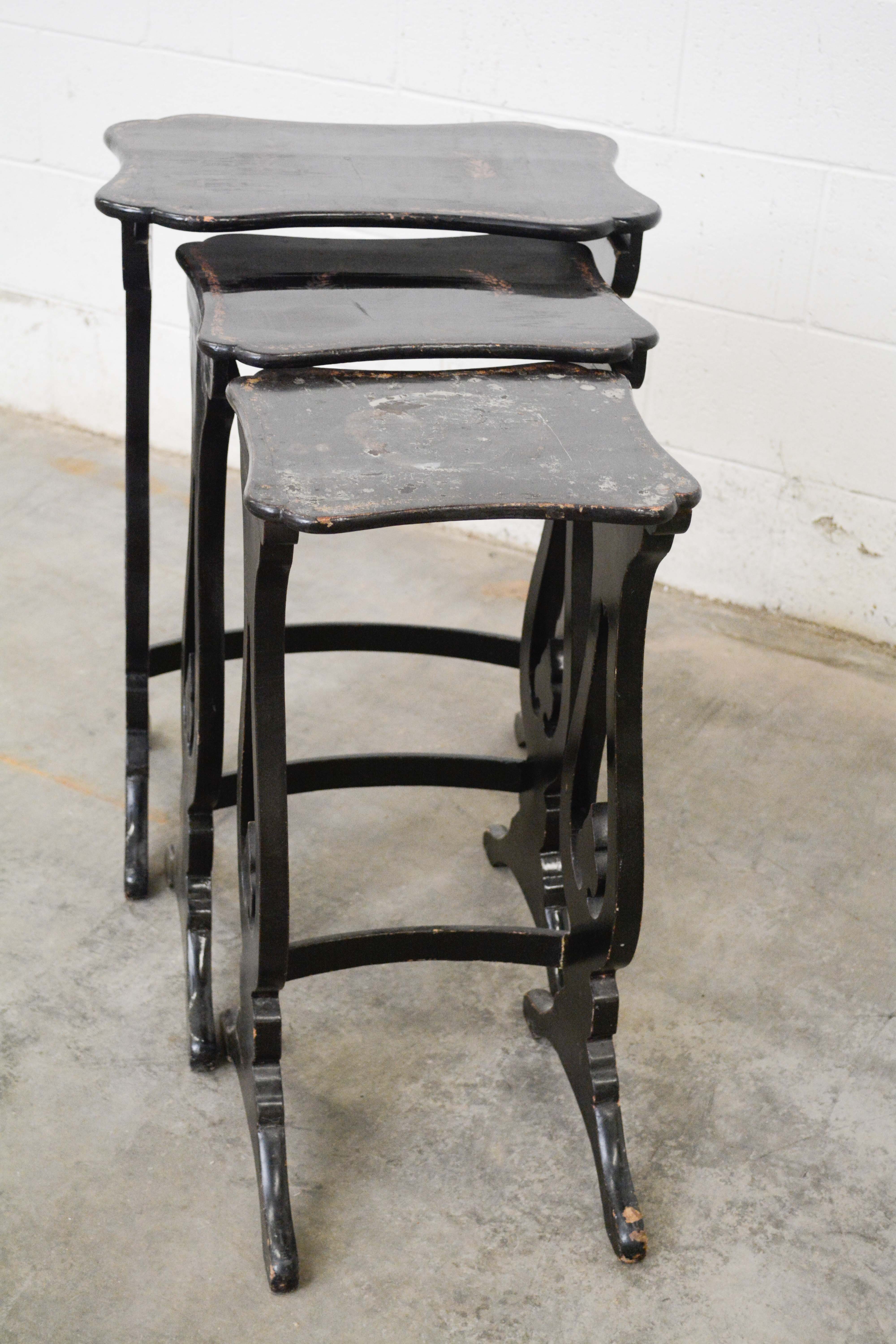 Set of Three Chinese Export Black Lacquer and Graduated Side Tables, Circa 1900