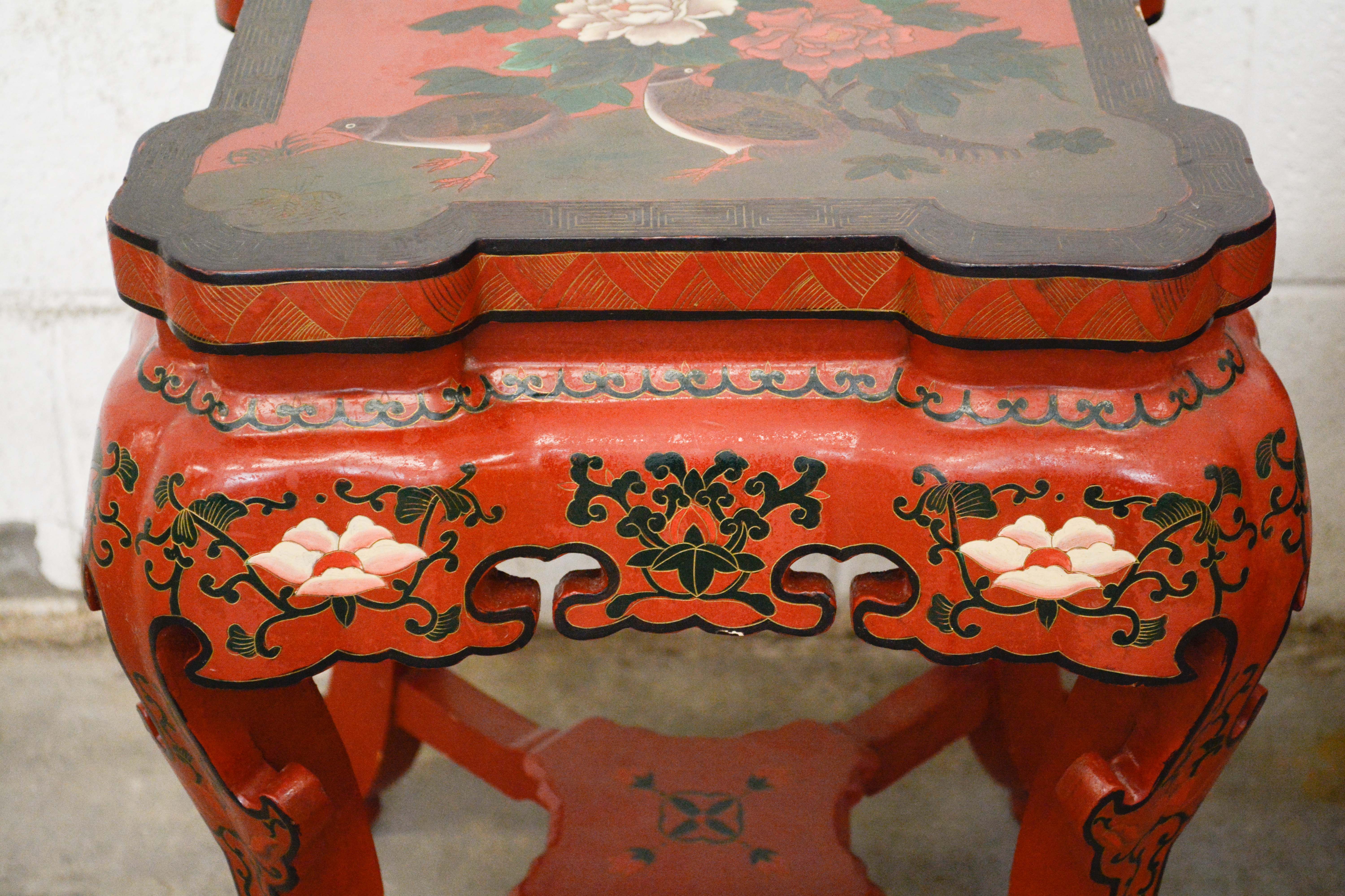 Pair of Chinese Export Red Lacquer and Paint-Decorated Stands, 20th Century