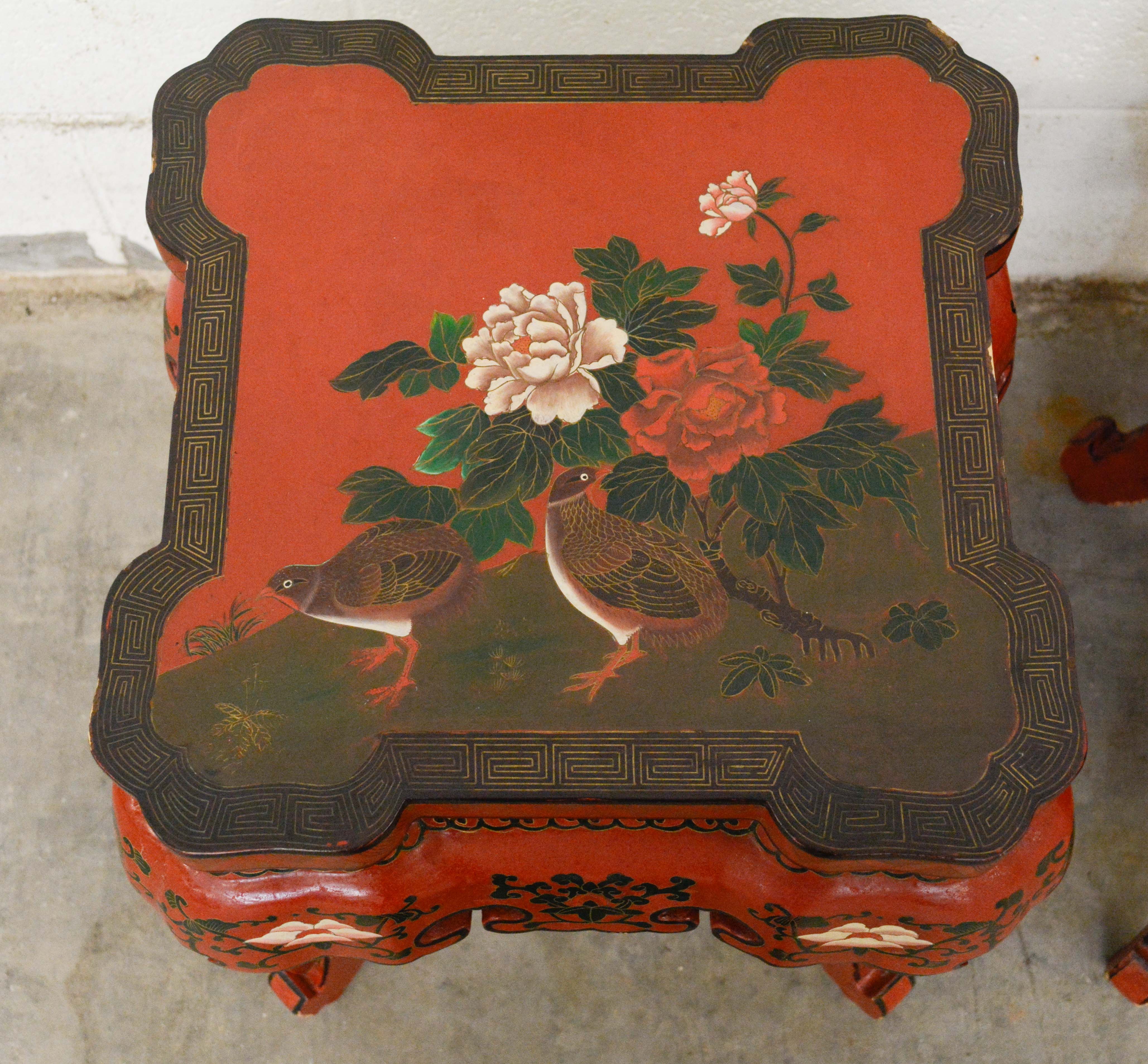 Pair of Chinese Export Red Lacquer and Paint-Decorated Stands, 20th Century