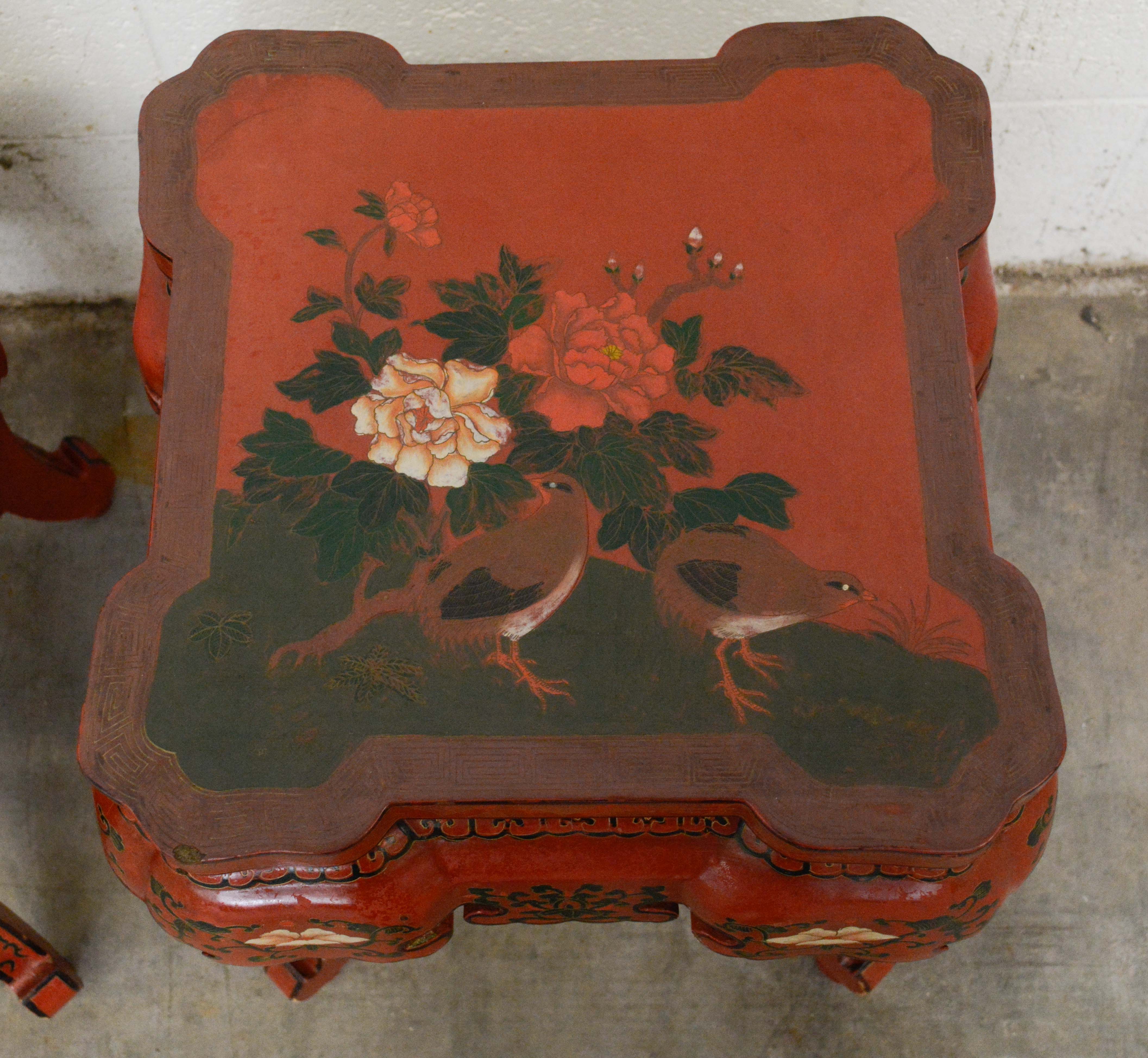 Pair of Chinese Export Red Lacquer and Paint-Decorated Stands, 20th Century