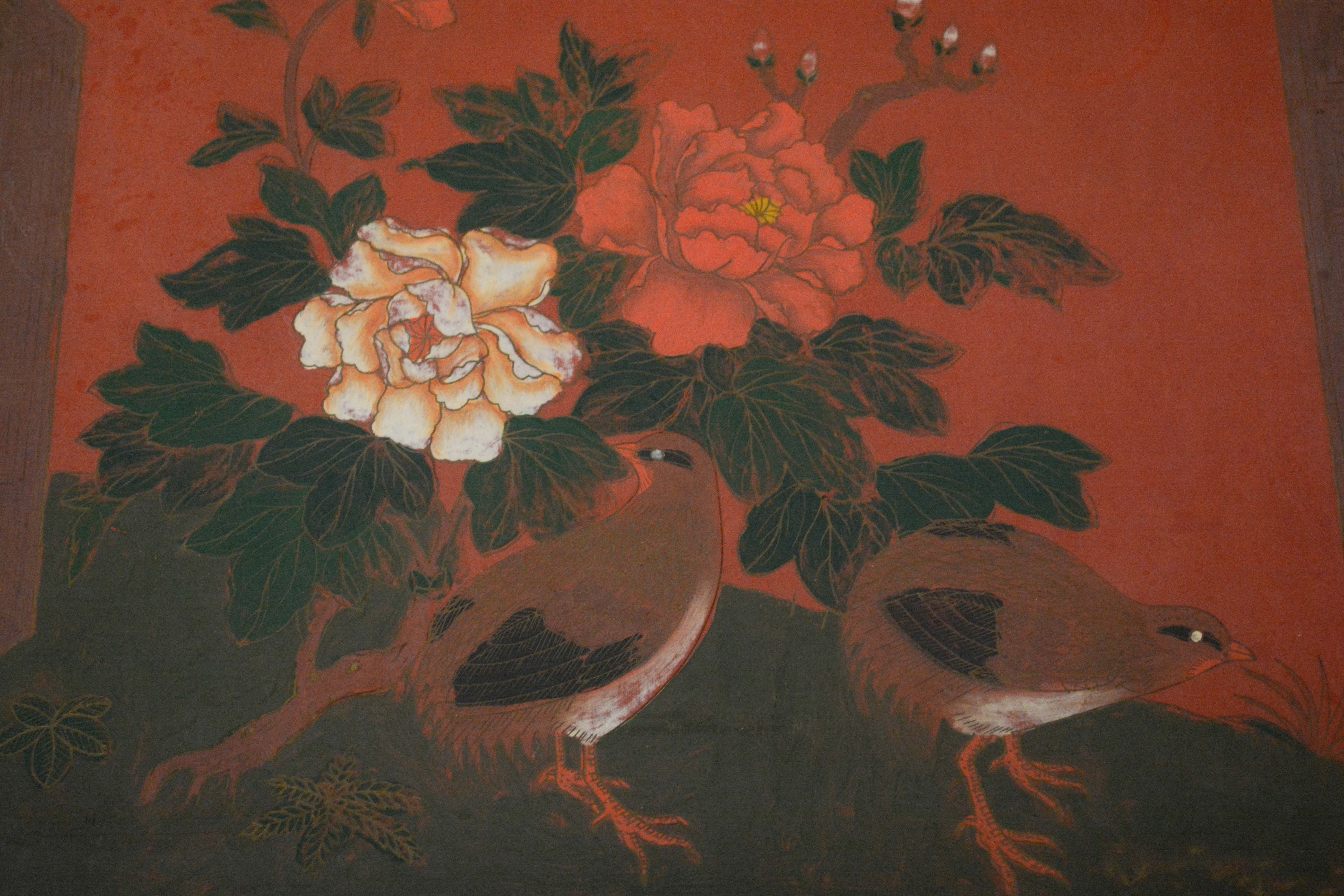 Pair of Chinese Export Red Lacquer and Paint-Decorated Stands, 20th Century