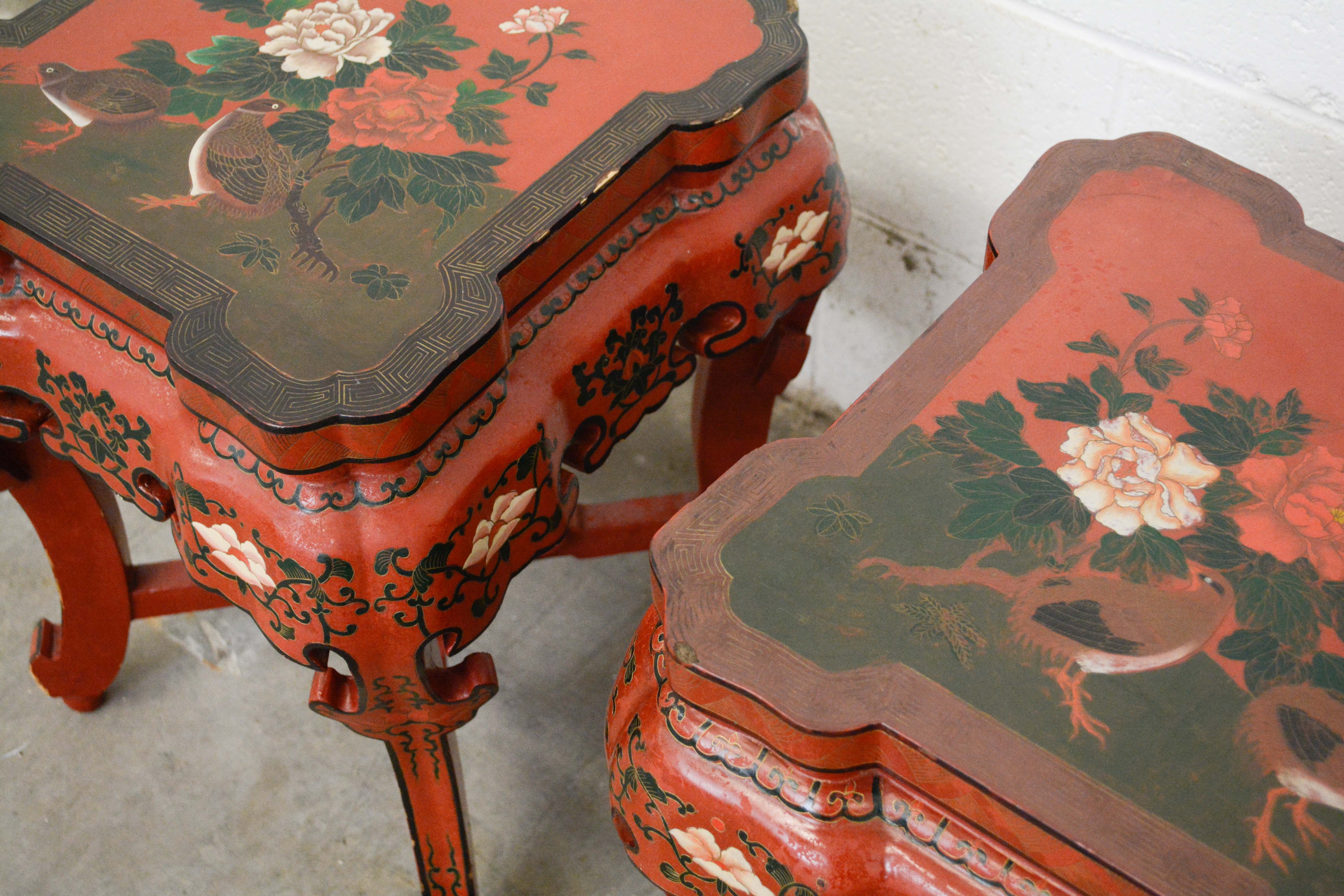 Pair of Chinese Export Red Lacquer and Paint-Decorated Stands, 20th Century