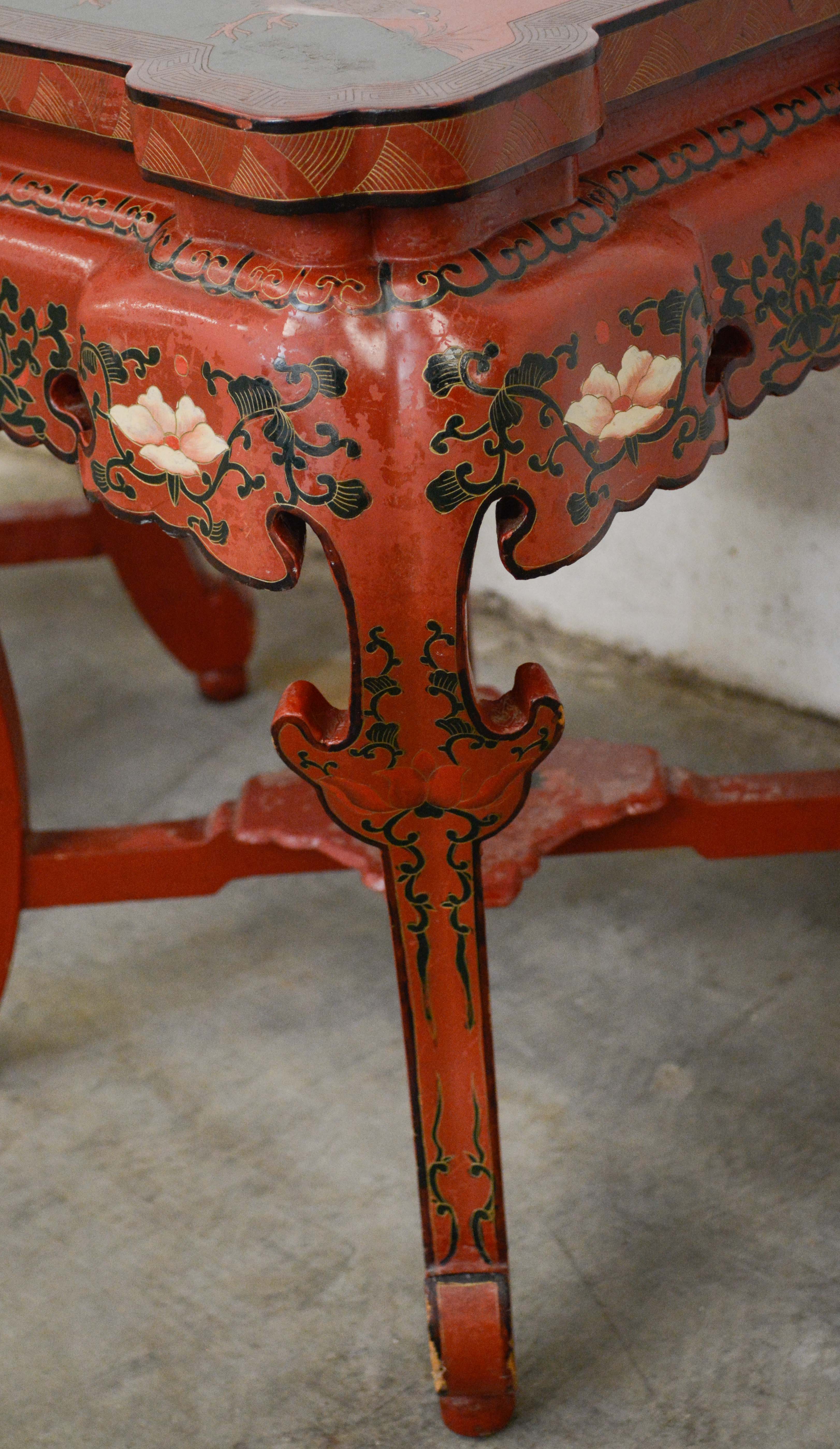 Pair of Chinese Export Red Lacquer and Paint-Decorated Stands, 20th Century