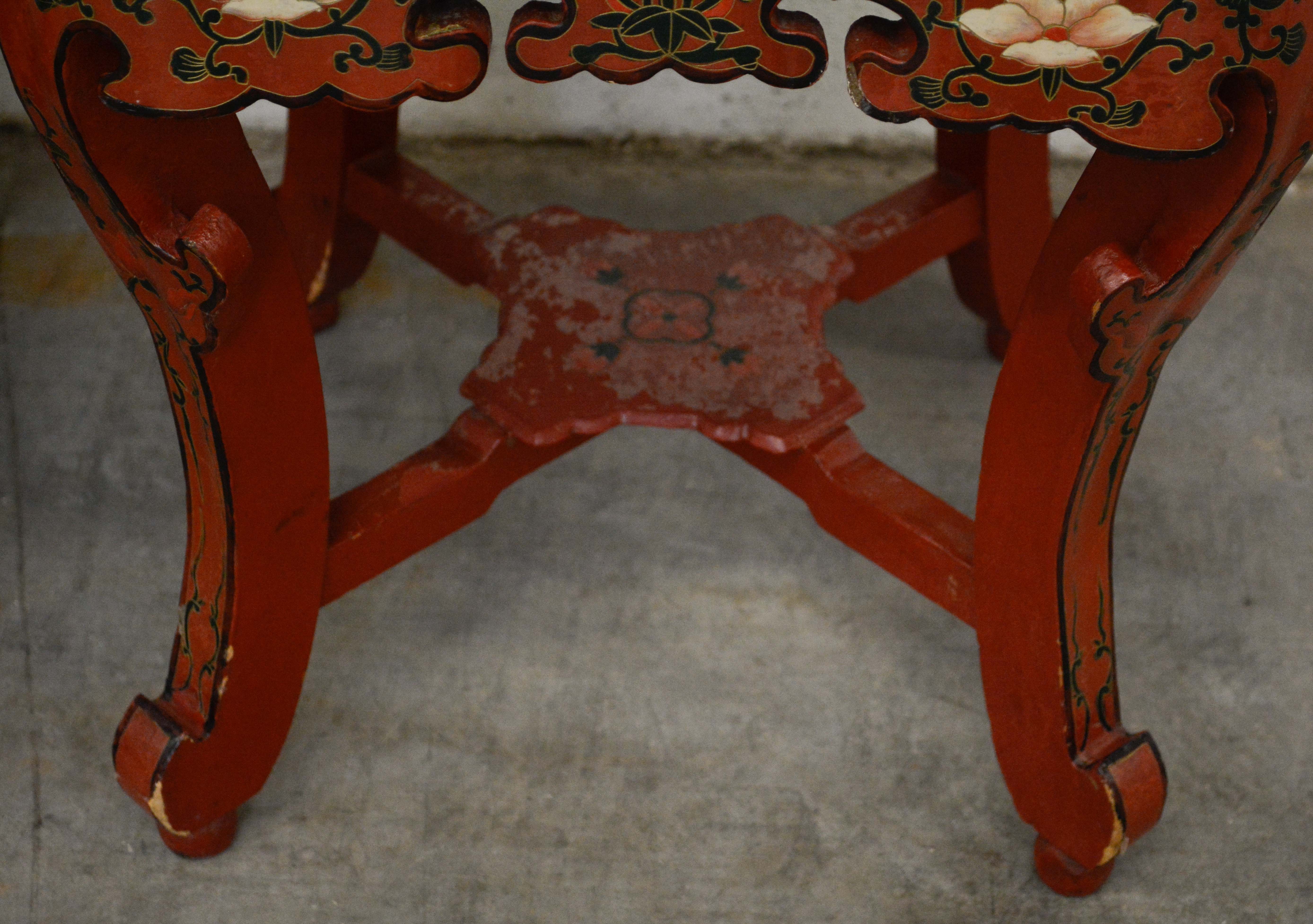 Pair of Chinese Export Red Lacquer and Paint-Decorated Stands, 20th Century