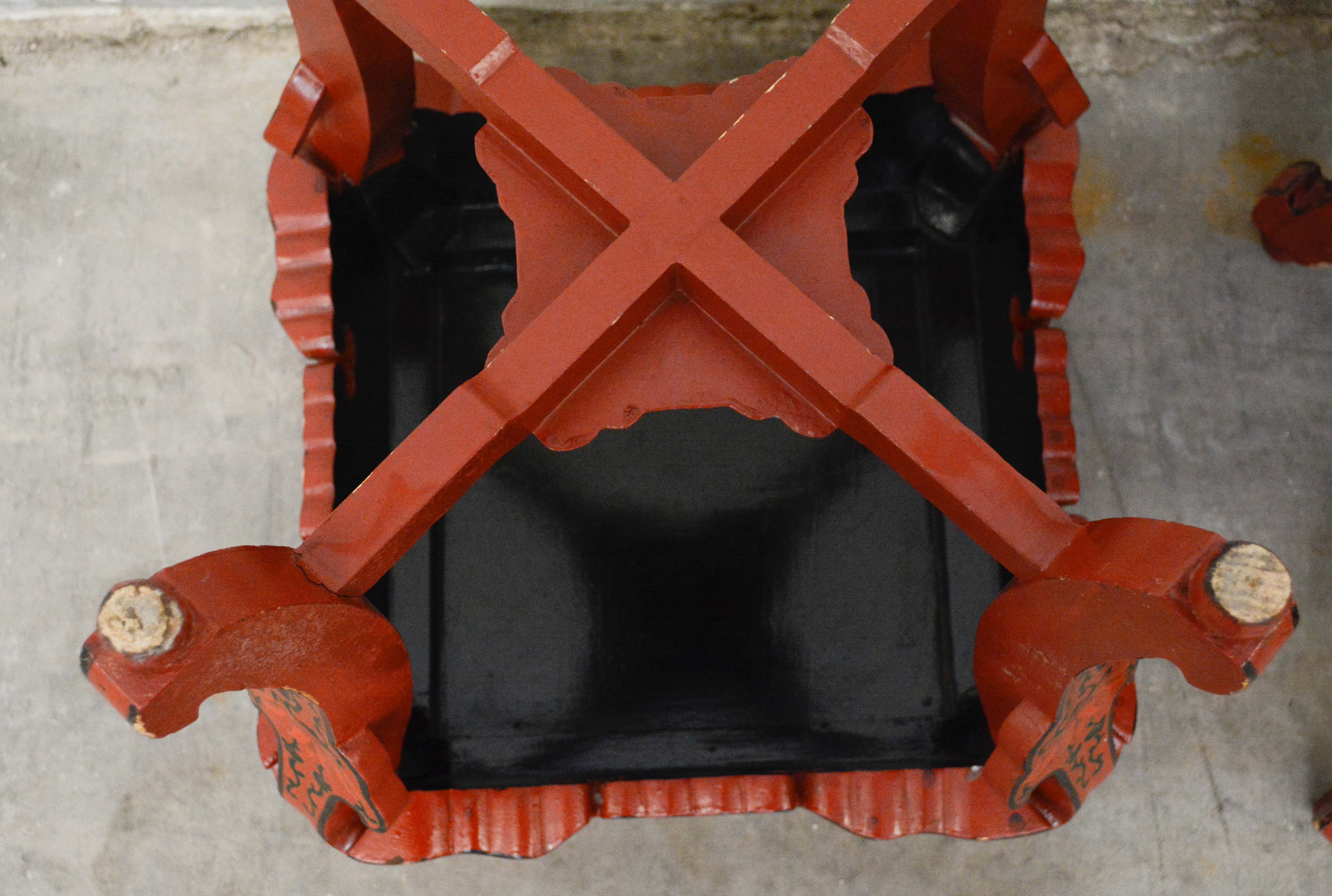 Pair of Chinese Export Red Lacquer and Paint-Decorated Stands, 20th Century