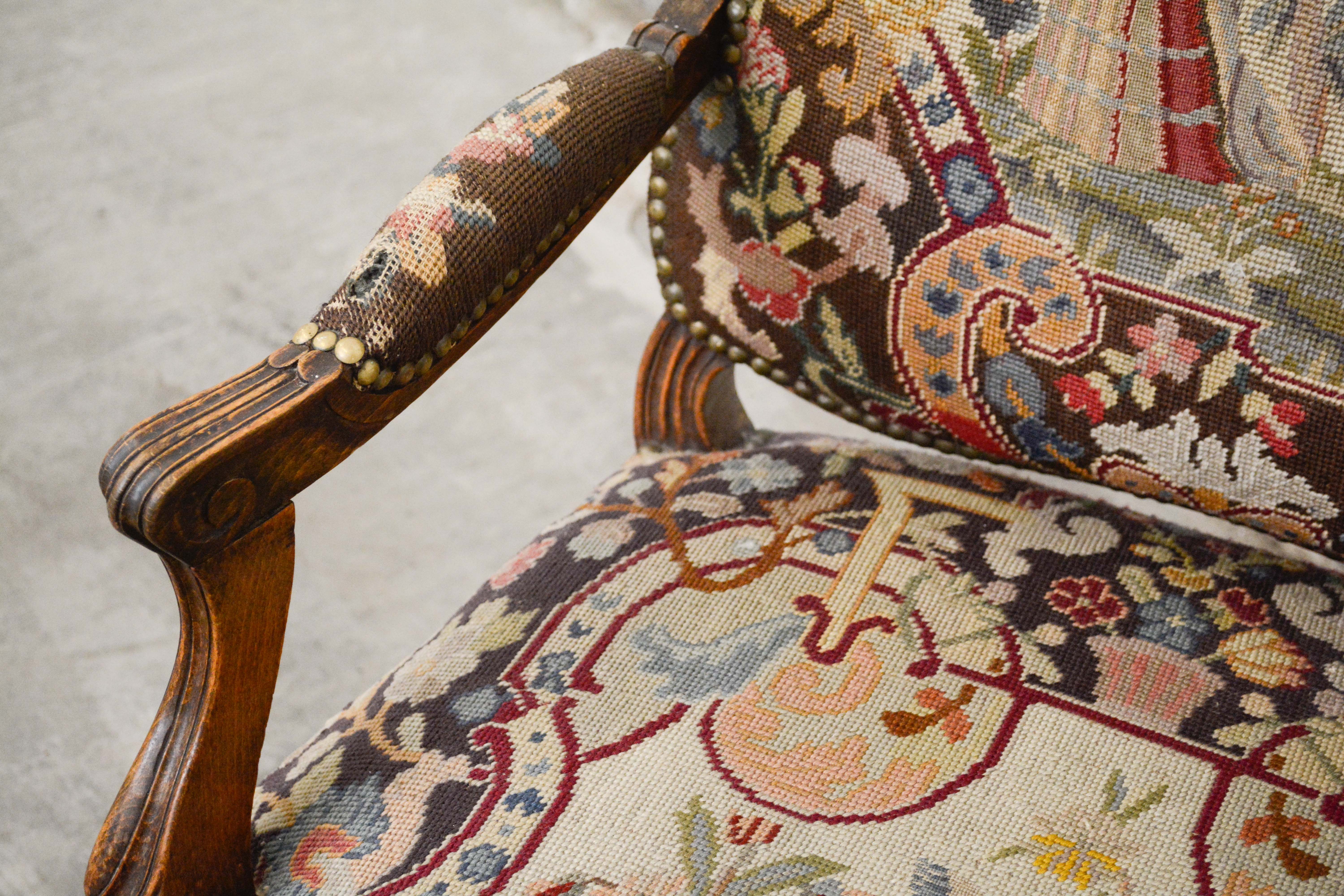 Louis XV Style Needlepoint Upholstered Fauteuil, Mid 20th Century