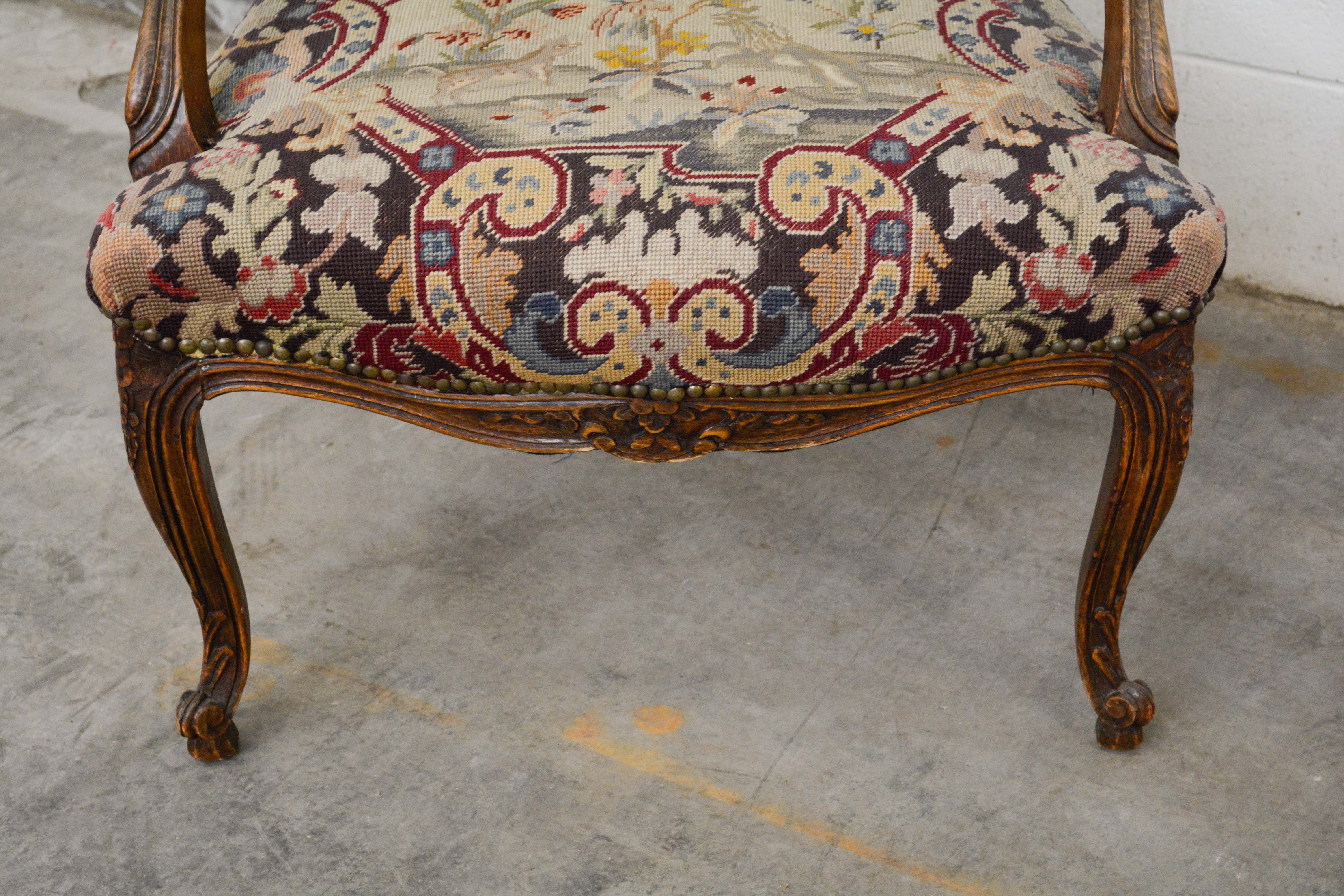 Louis XV Style Needlepoint Upholstered Fauteuil, Mid 20th Century
