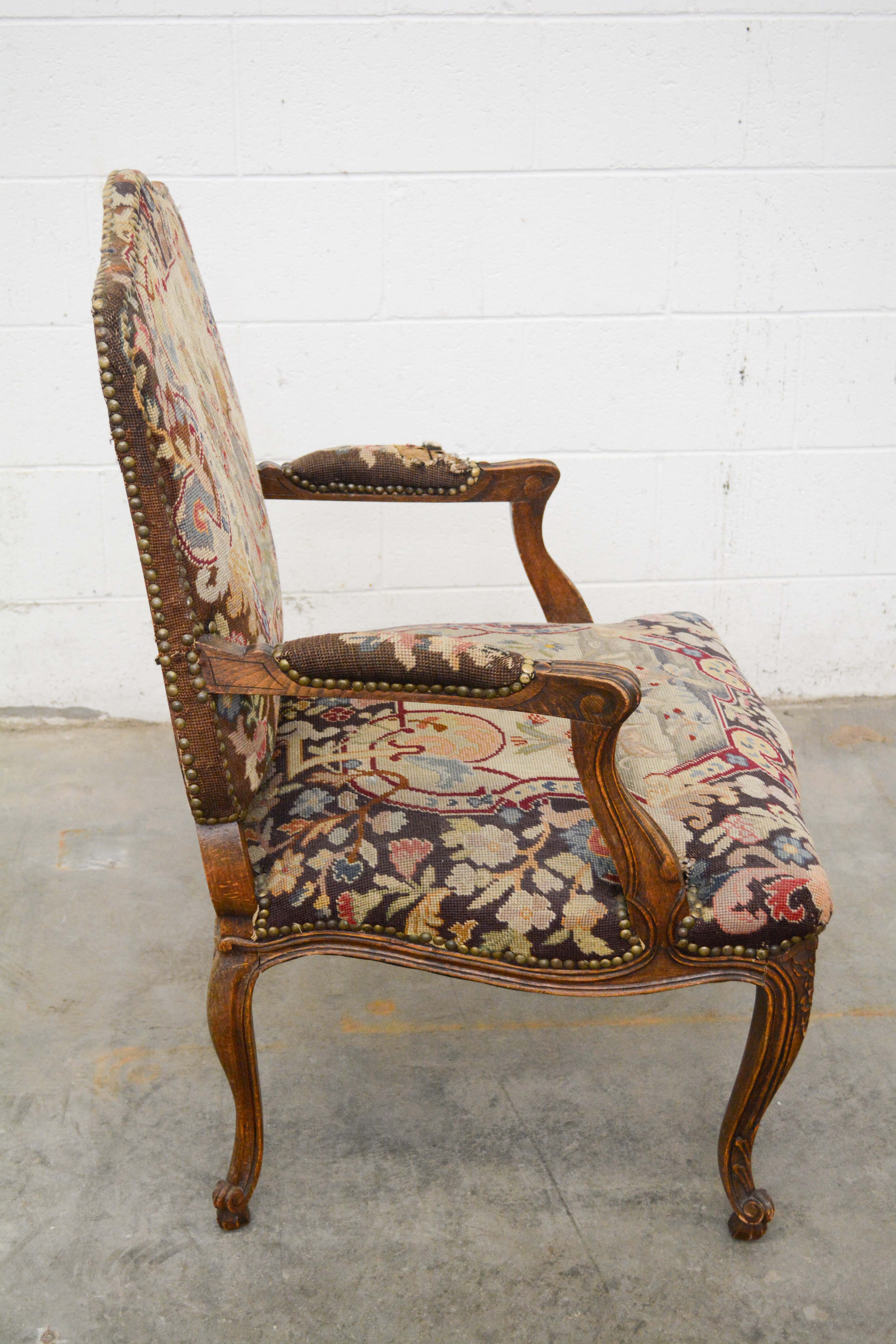 Louis XV Style Needlepoint Upholstered Fauteuil, Mid 20th Century
