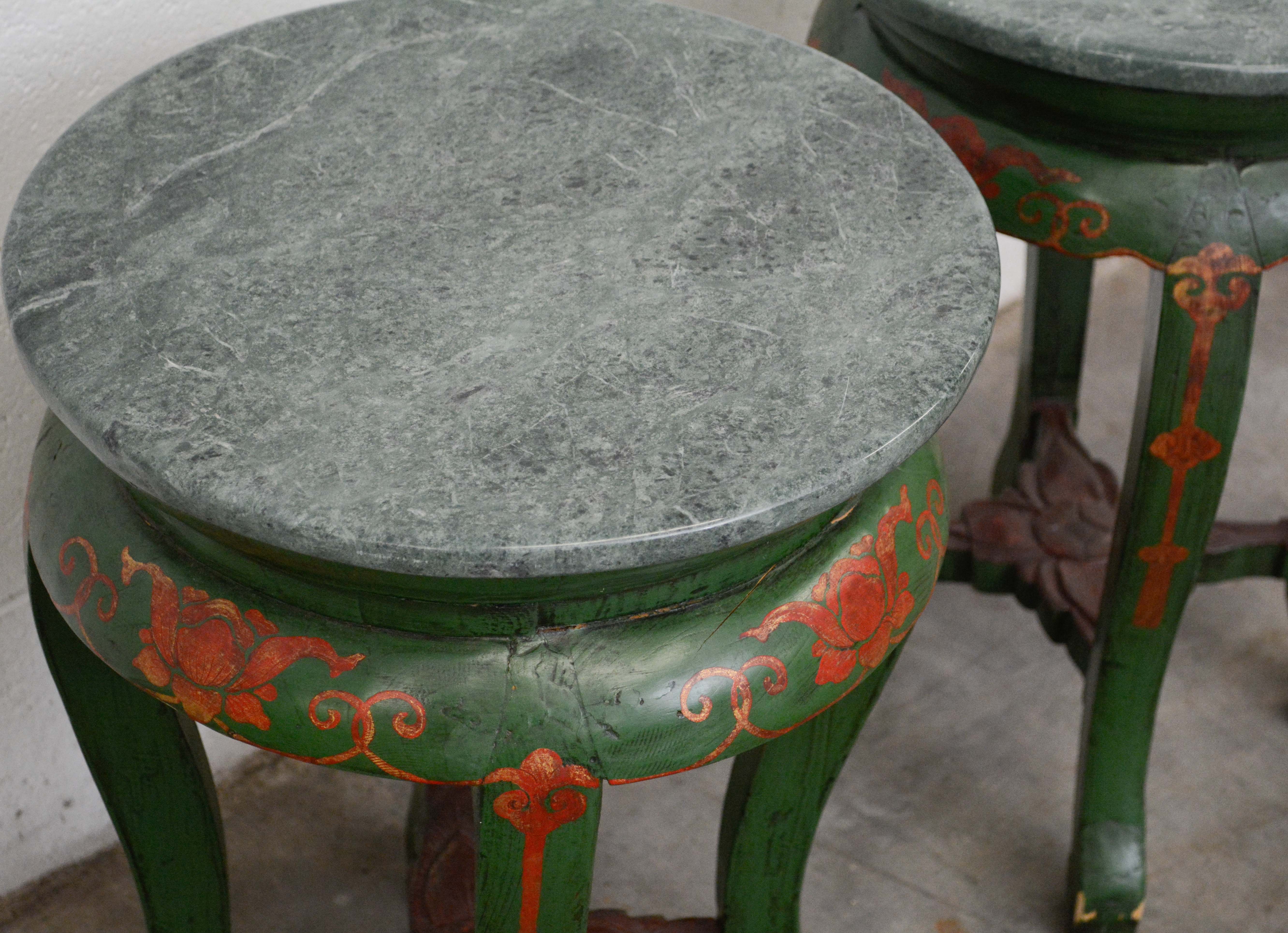 Pair of Chinese Export Paint-Decorated and Green Marble Stands, 20th Century