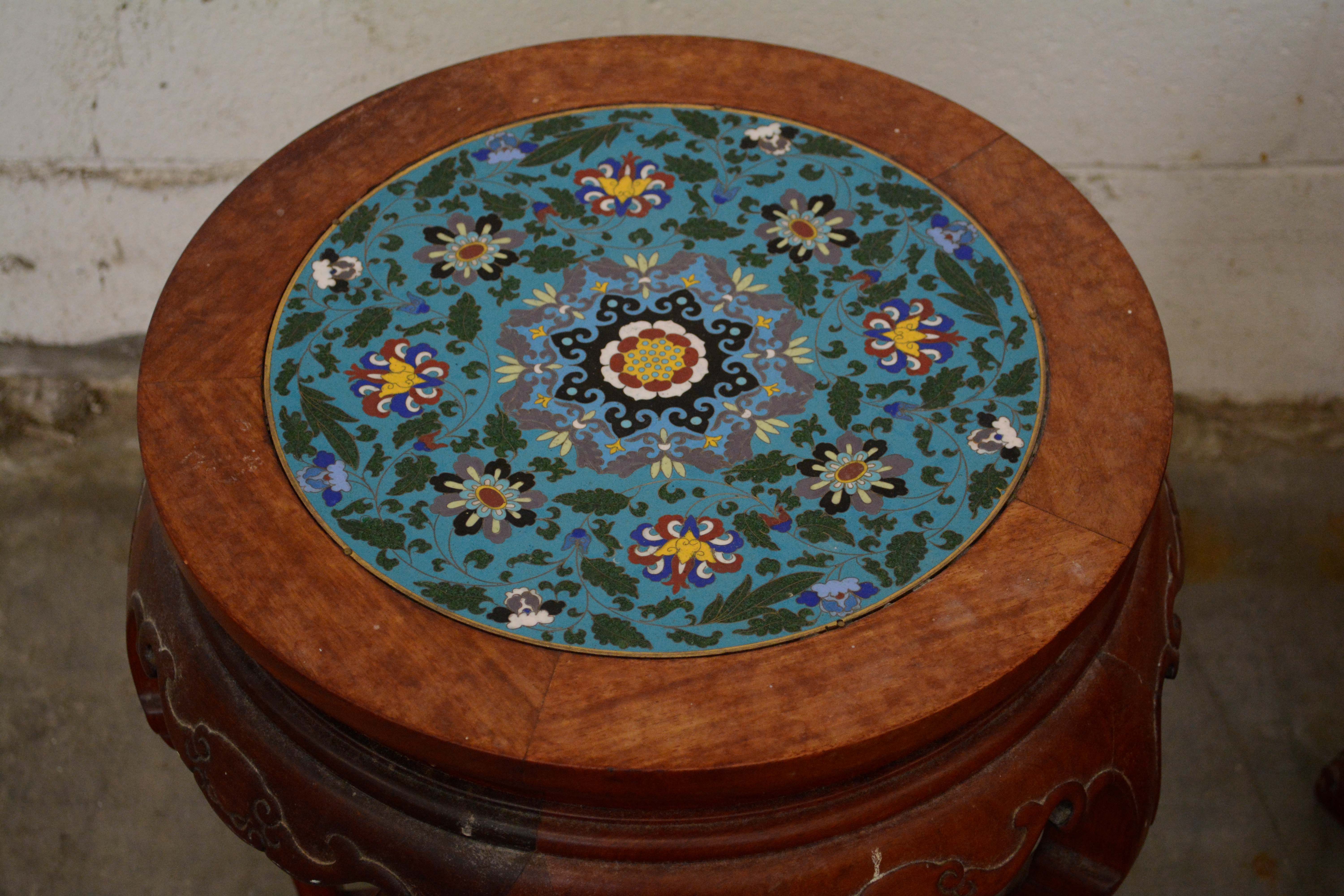 Two Chinese Export Carved Hardwood and Cloisonné Stands, 20th Century