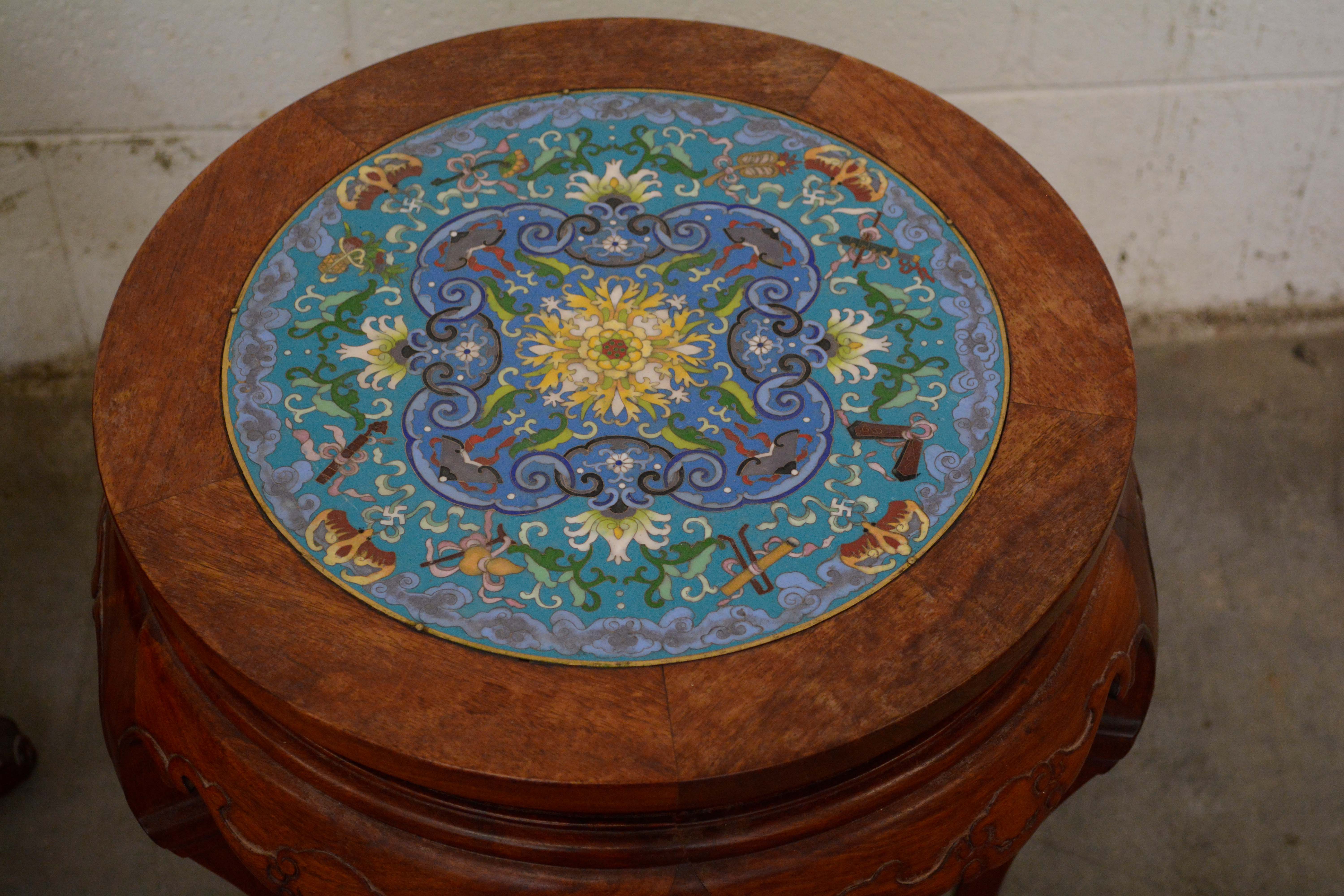 Two Chinese Export Carved Hardwood and Cloisonné Stands, 20th Century