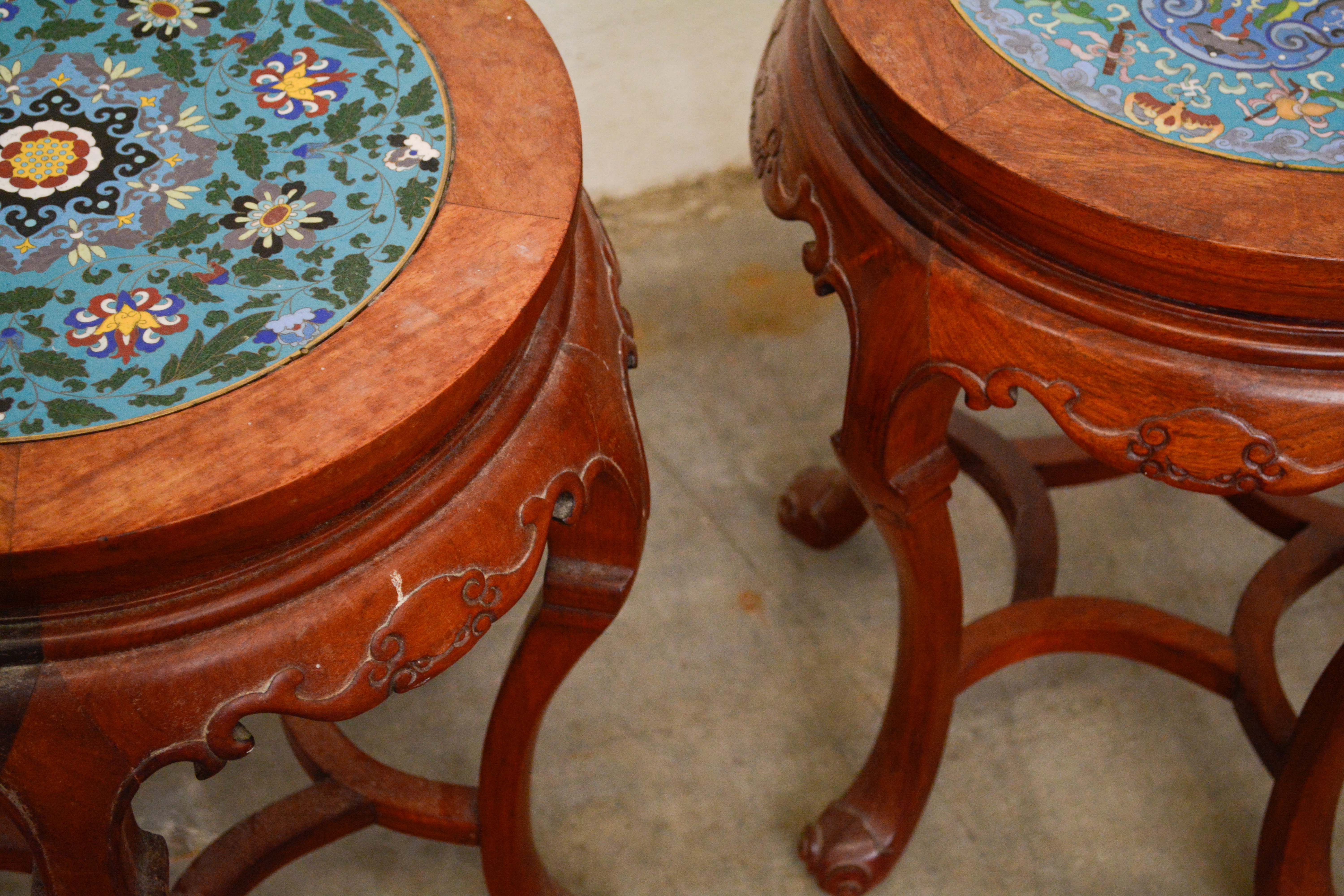 Two Chinese Export Carved Hardwood and Cloisonné Stands, 20th Century