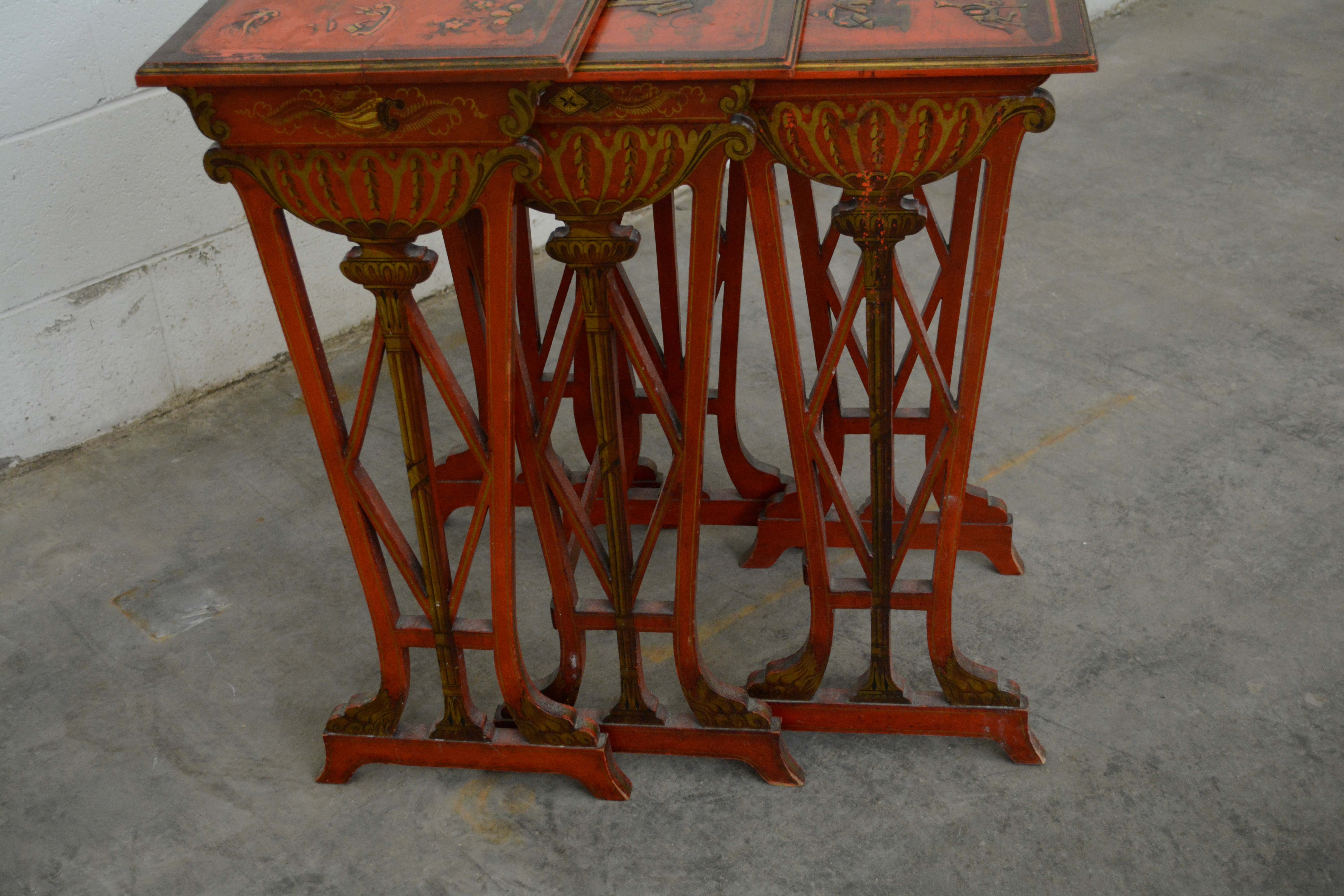Set of Three Chinese Export Red Lacquer and Graduated Side Tables, 20th Century