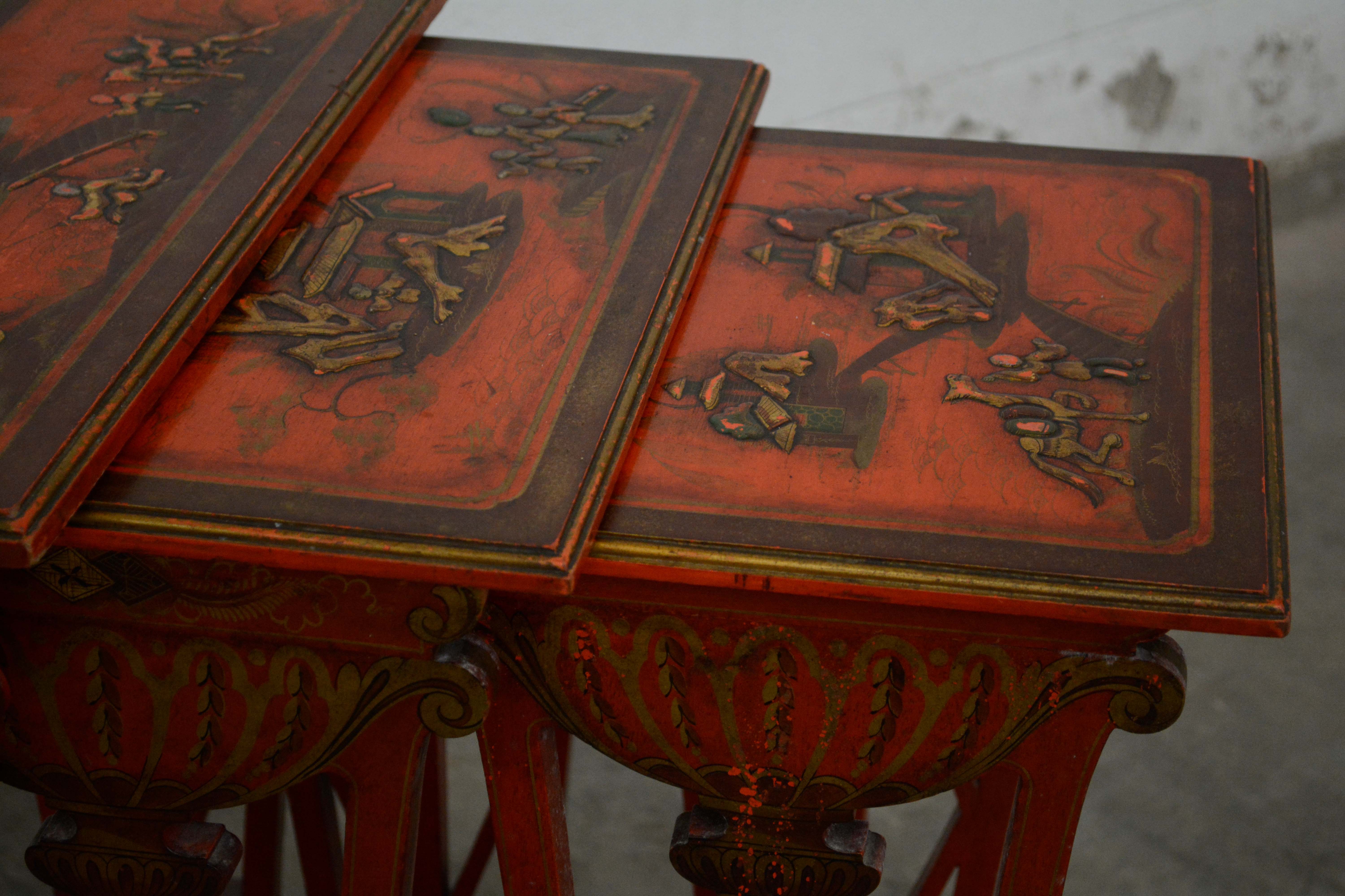 Set of Three Chinese Export Red Lacquer and Graduated Side Tables, 20th Century