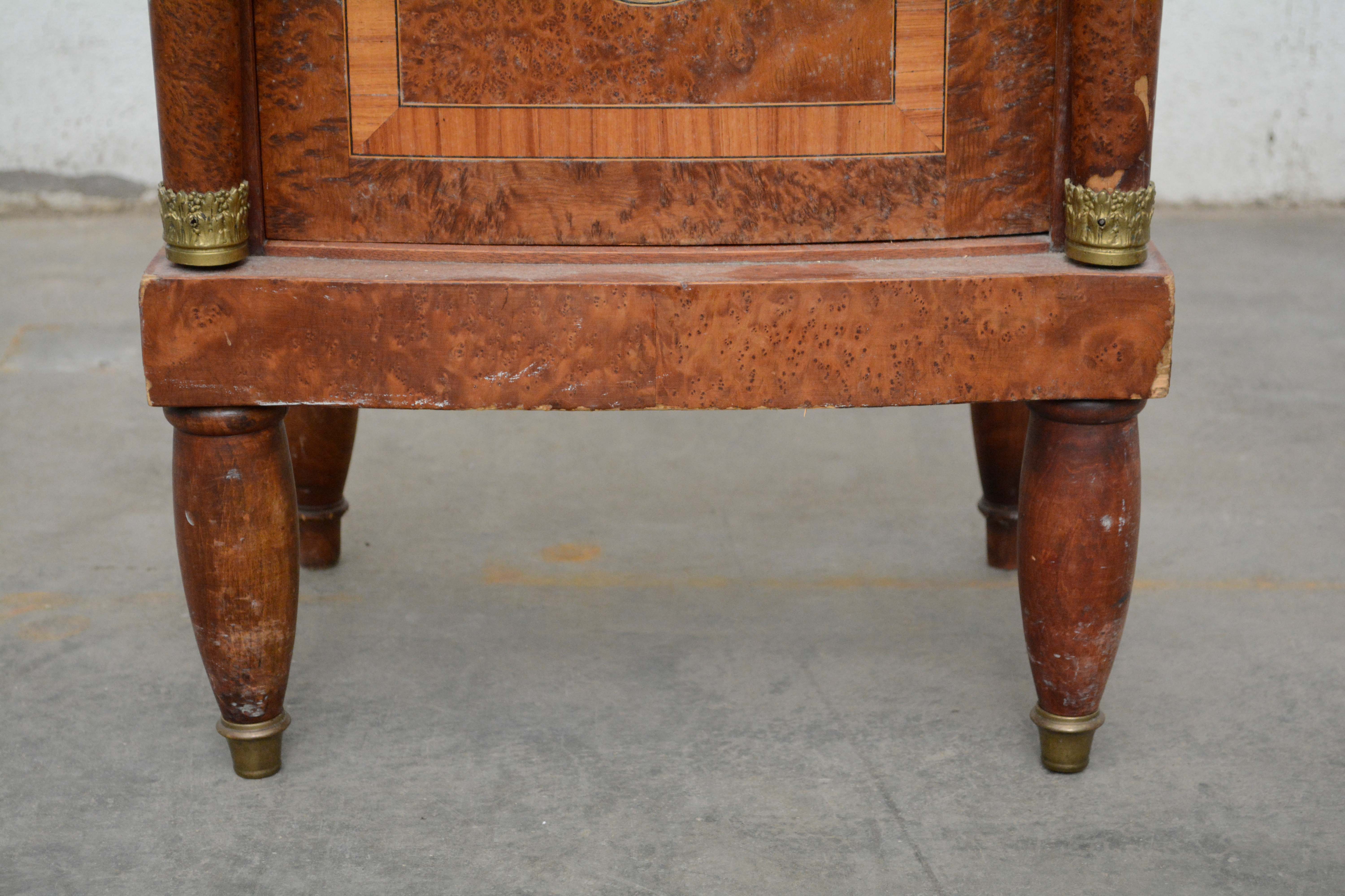 Italian Burr Elm, Marquetry, and Marble Bedside Cabinet, Early 20th Century