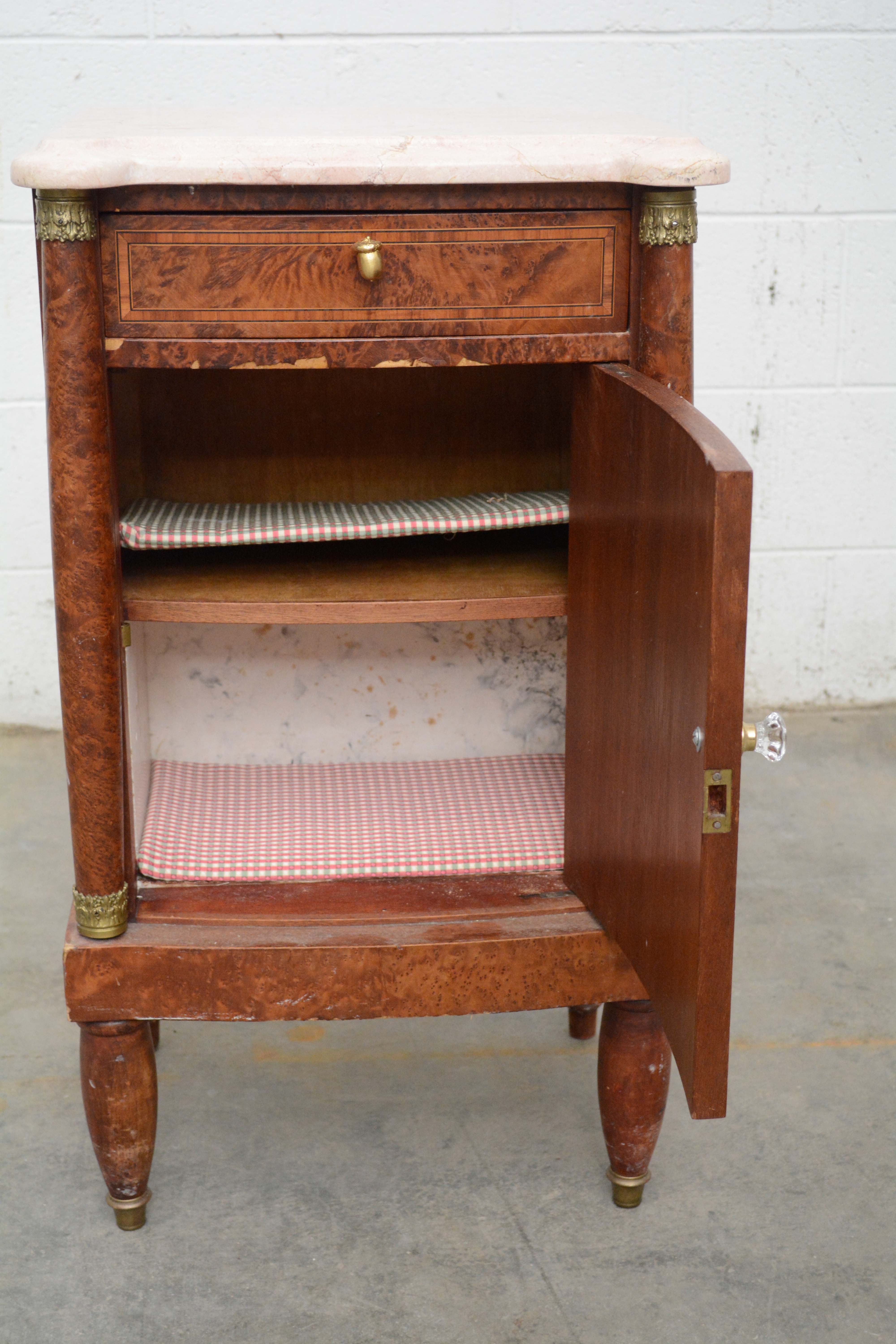 Italian Burr Elm, Marquetry, and Marble Bedside Cabinet, Early 20th Century