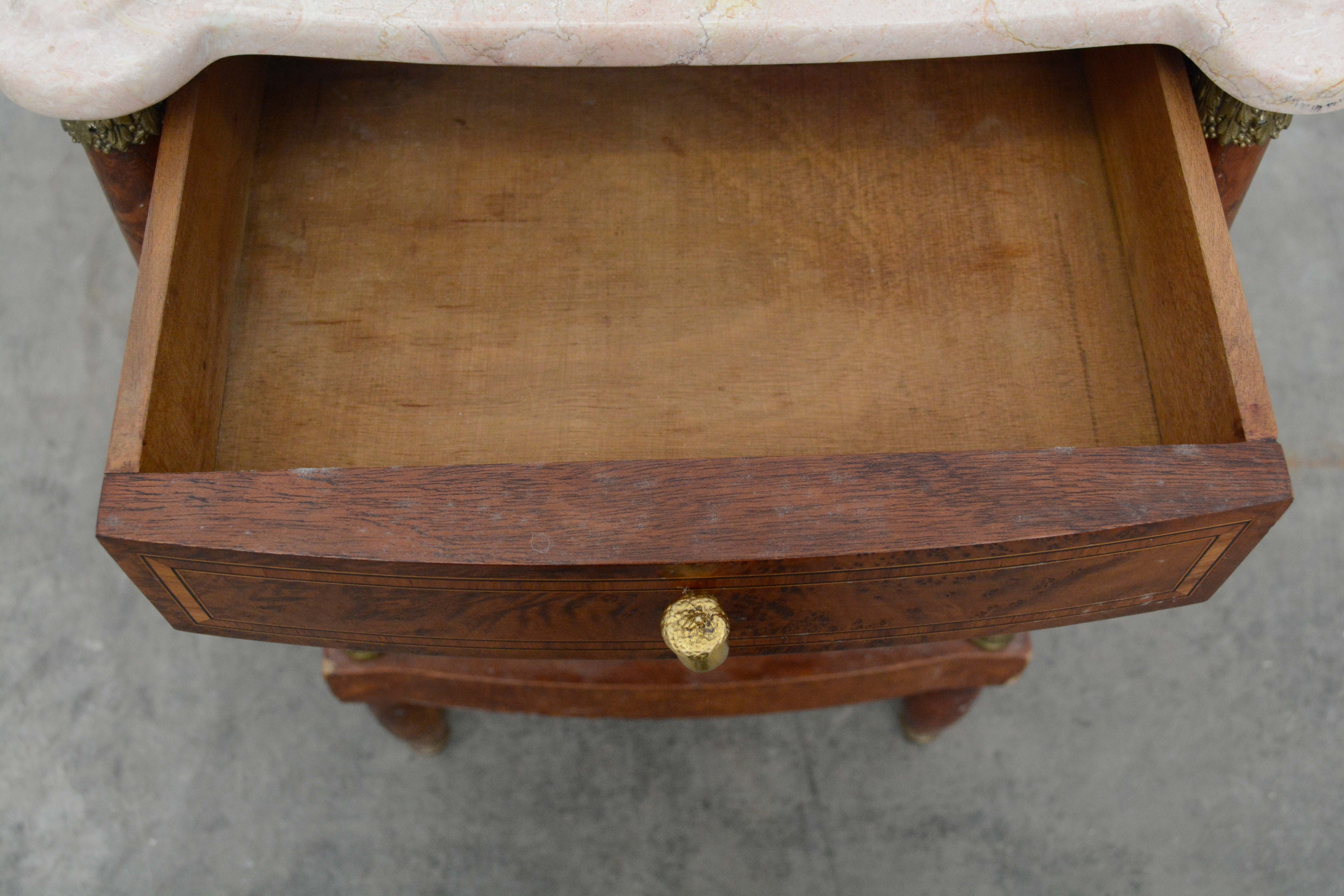 Italian Burr Elm, Marquetry, and Marble Bedside Cabinet, Early 20th Century