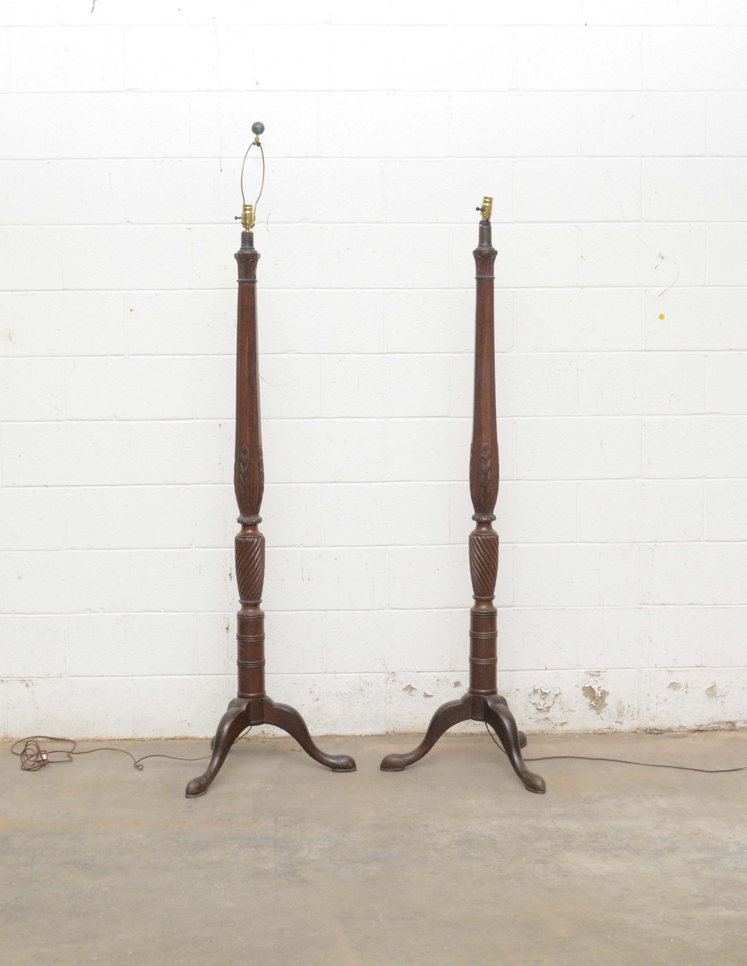 Queen Anne Style Carved Wood Floor Lamps with Cabriole Legs, circa 1930