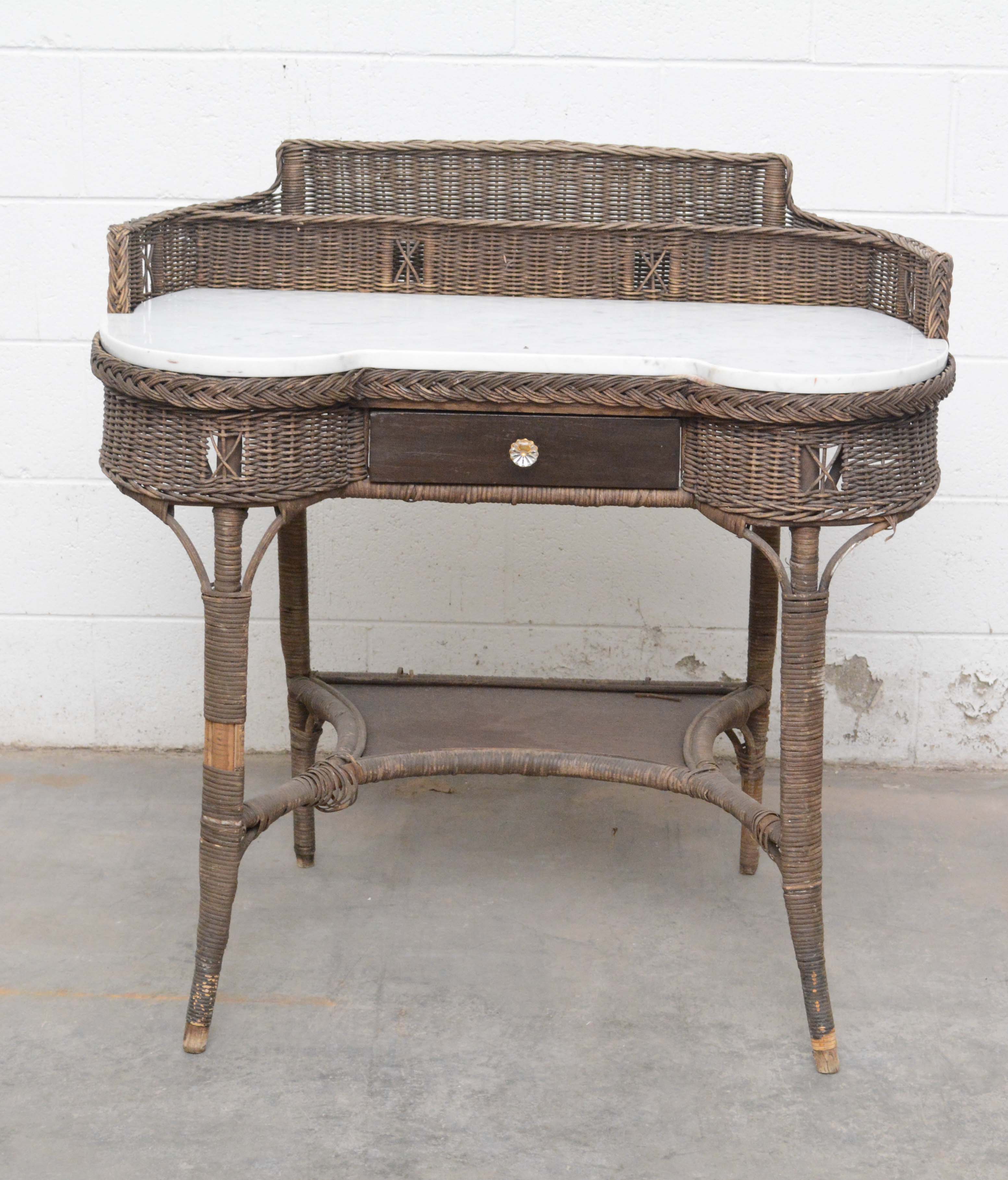 Wicker Desk or Vanity Table with Chair, 20th Century