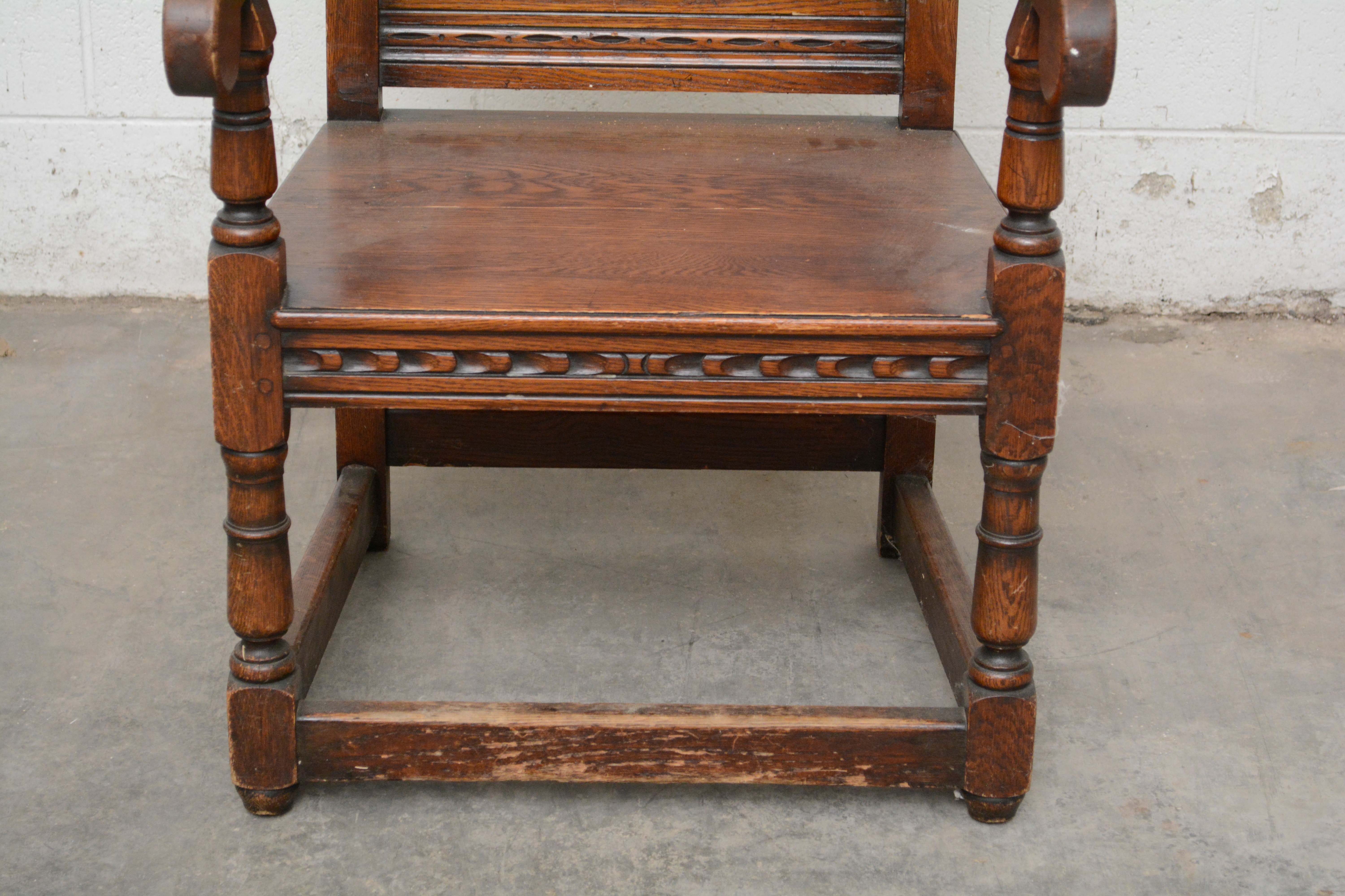 Pair of Charles II Style Oak Panel-Back Armchairs, 20th Century