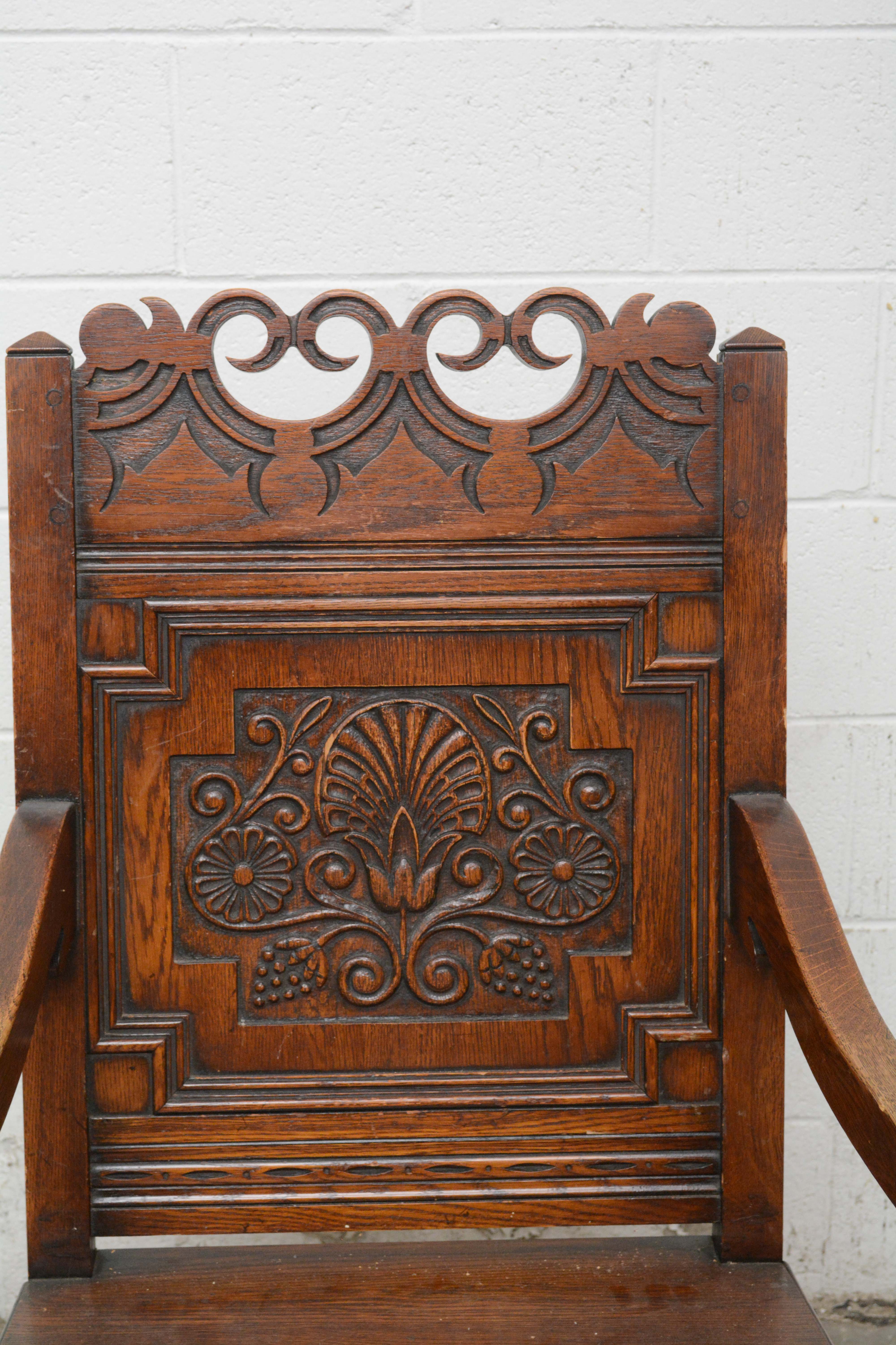 Pair of Charles II Style Oak Panel-Back Armchairs, 20th Century