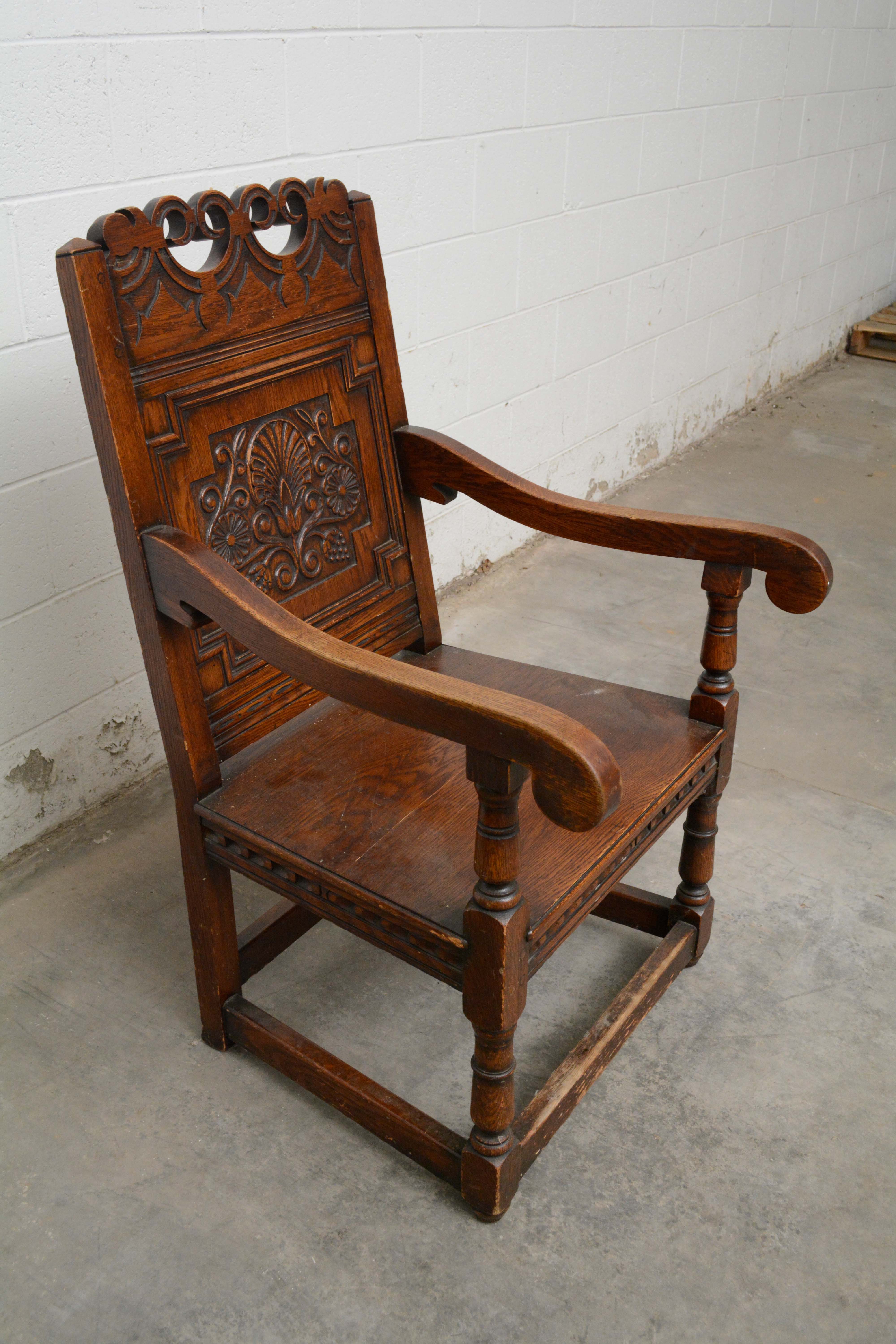 Pair of Charles II Style Oak Panel-Back Armchairs, 20th Century