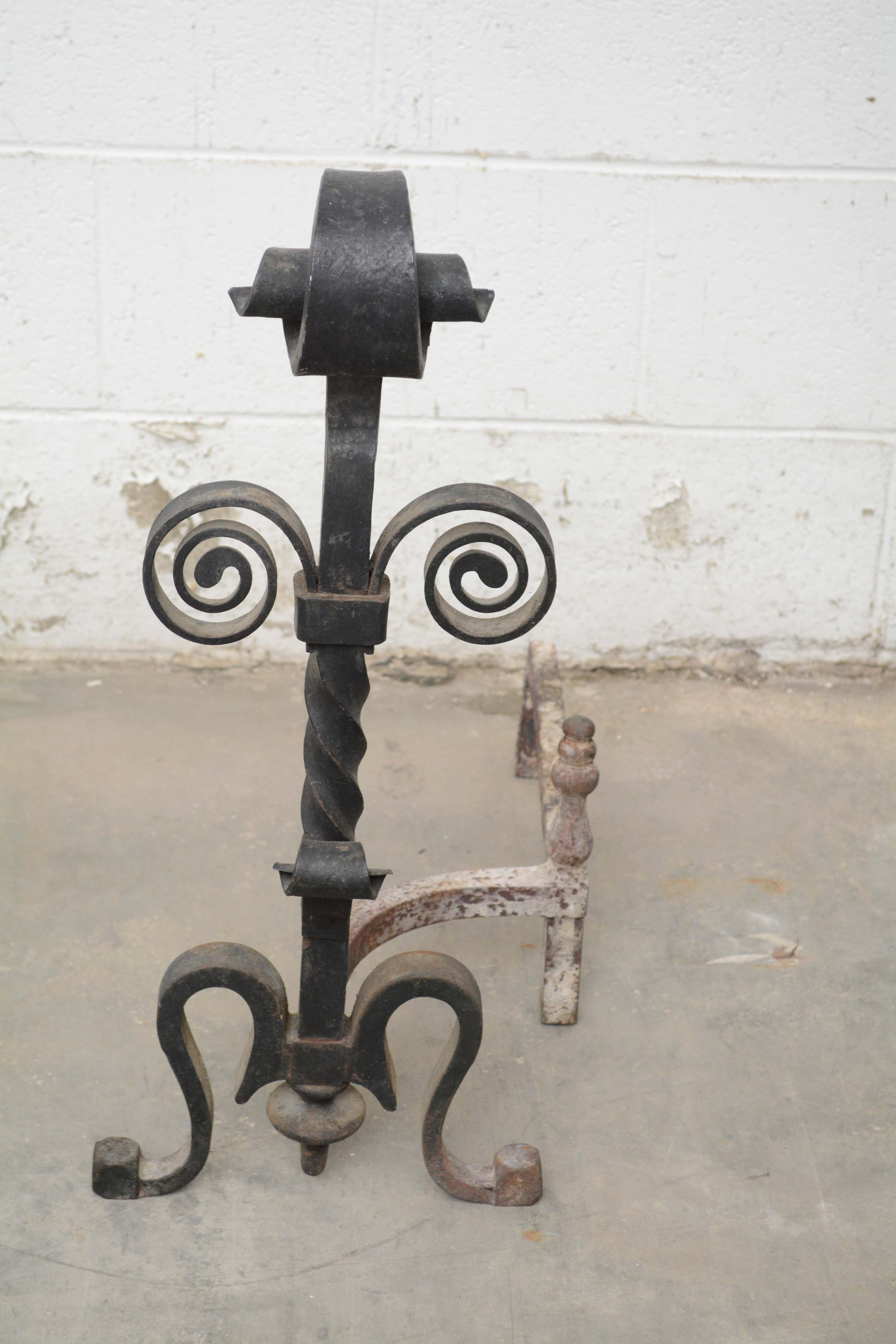 Wrought Iron Andirons with Scrollwork, Late 19th to Early 20th Century