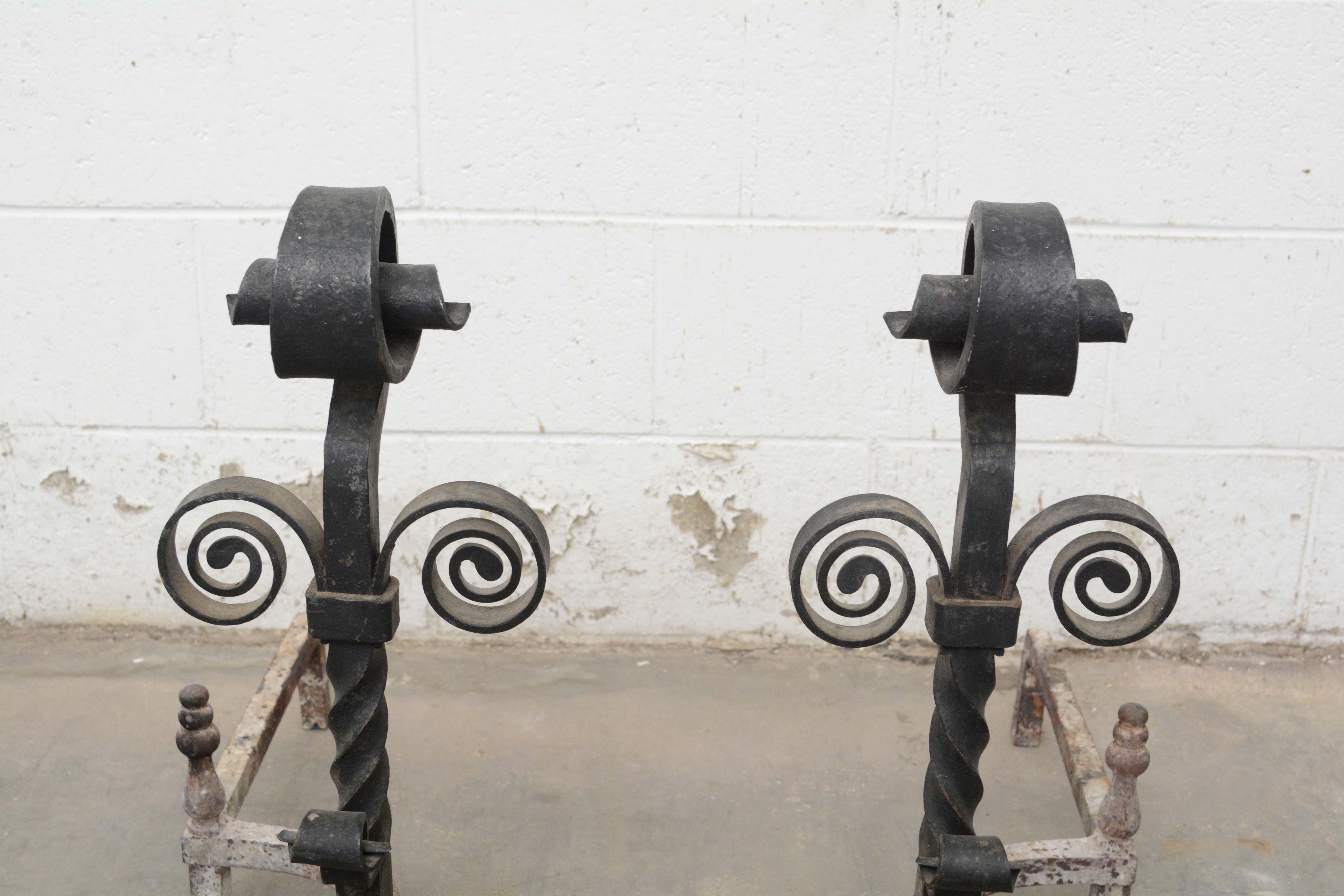 Wrought Iron Andirons with Scrollwork, Late 19th to Early 20th Century