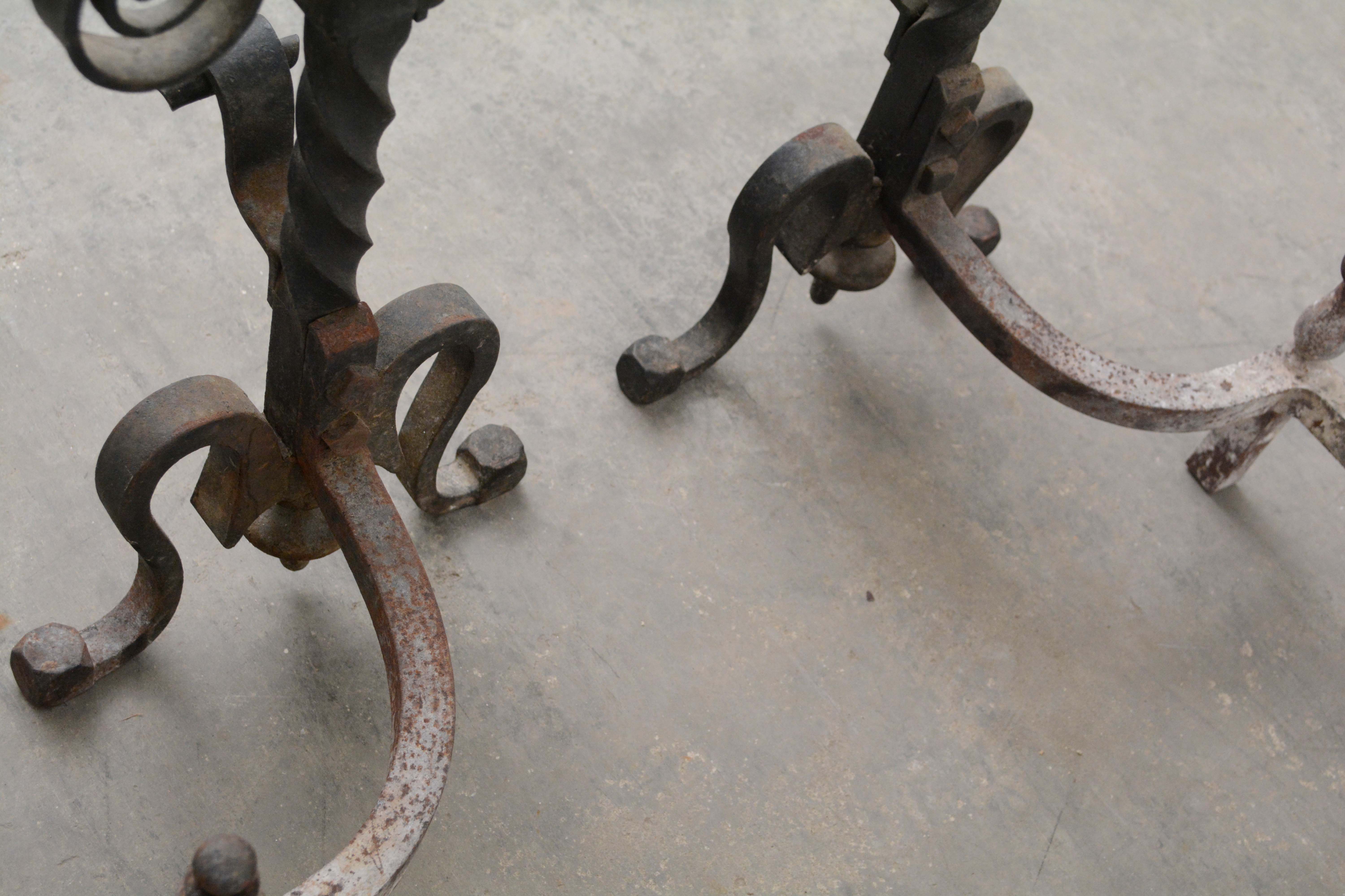 Wrought Iron Andirons with Scrollwork, Late 19th to Early 20th Century