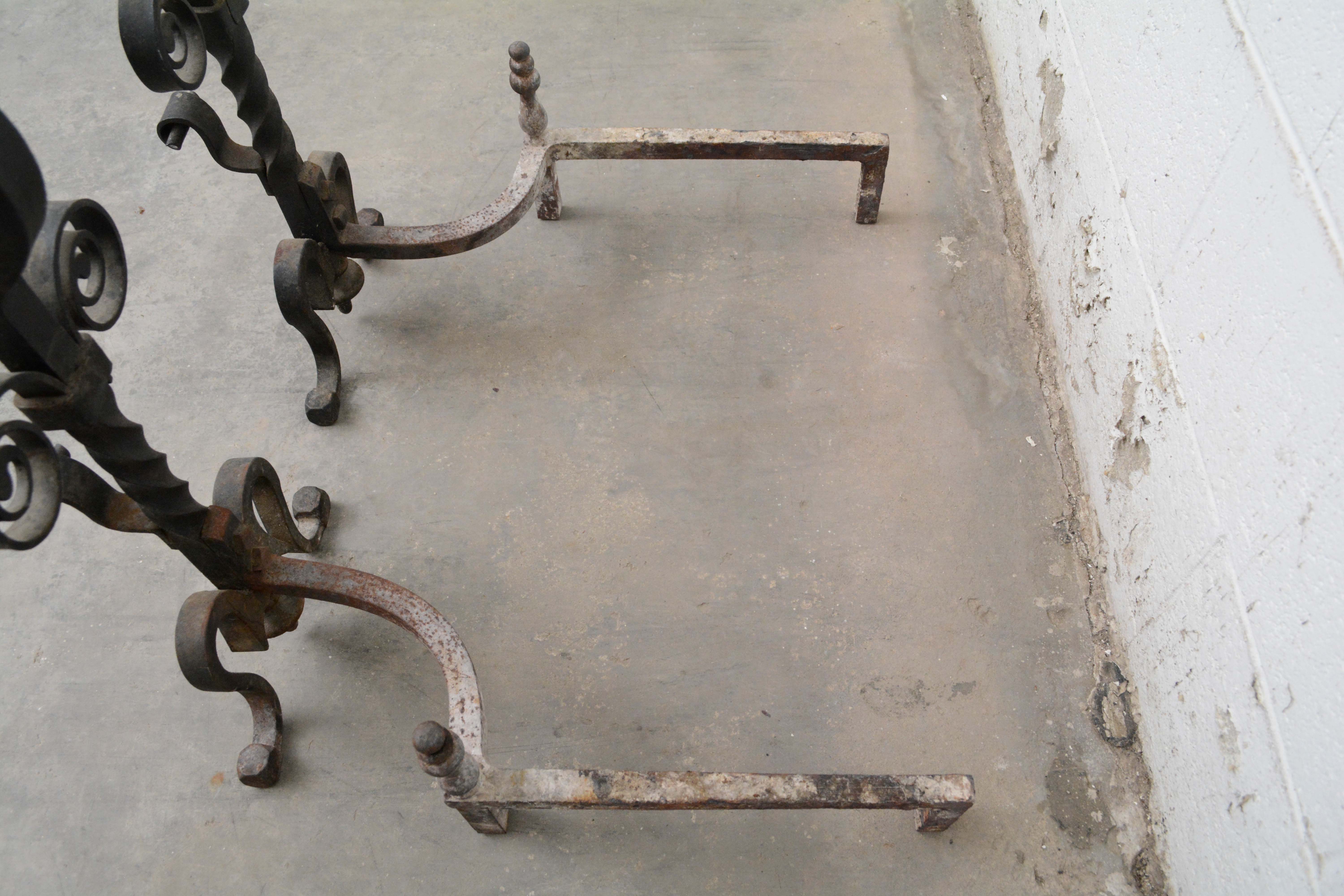 Wrought Iron Andirons with Scrollwork, Late 19th to Early 20th Century